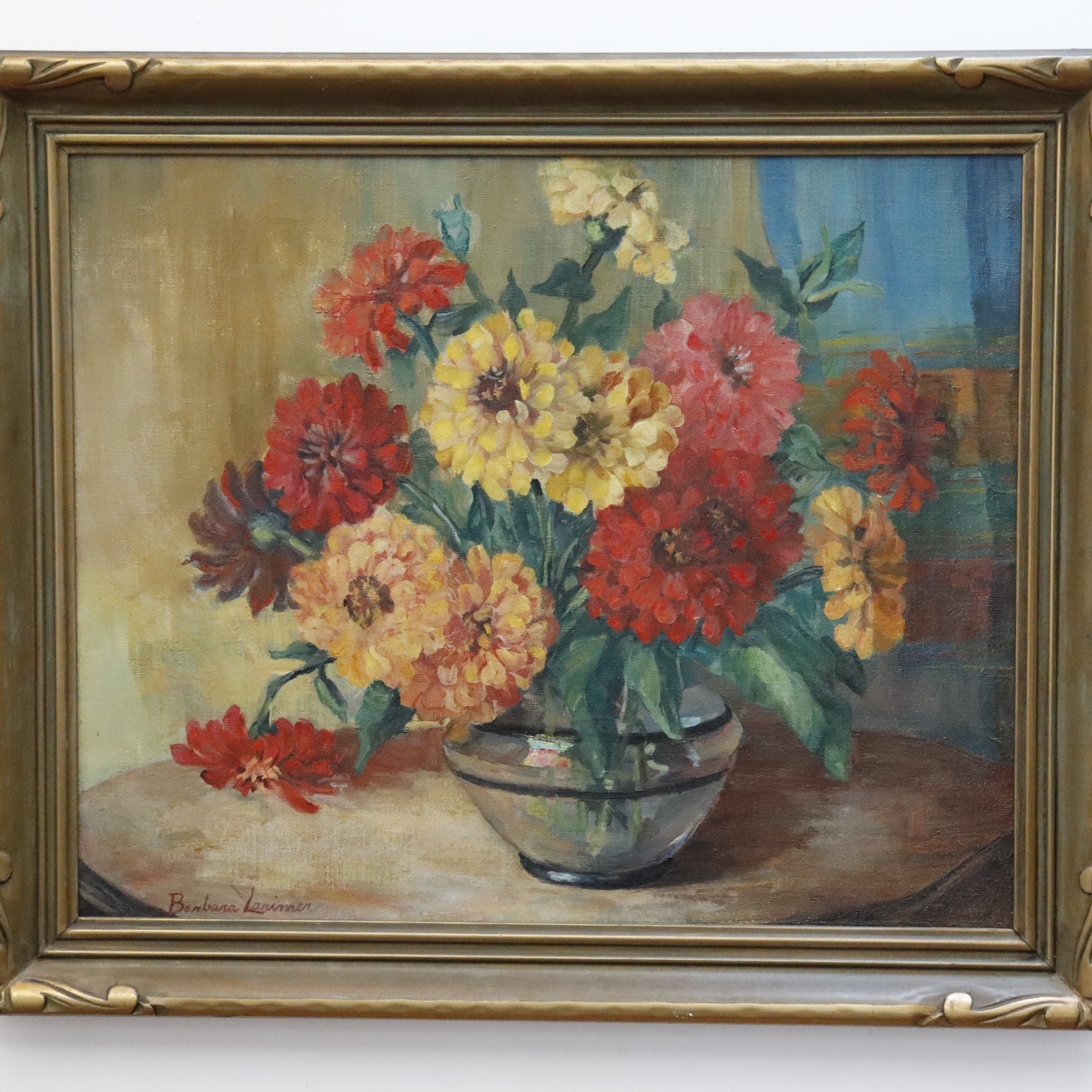 AW963: Barbara Lorimer Lorimer California Artist Still Life of Zinnias Oil on Canvas Painting