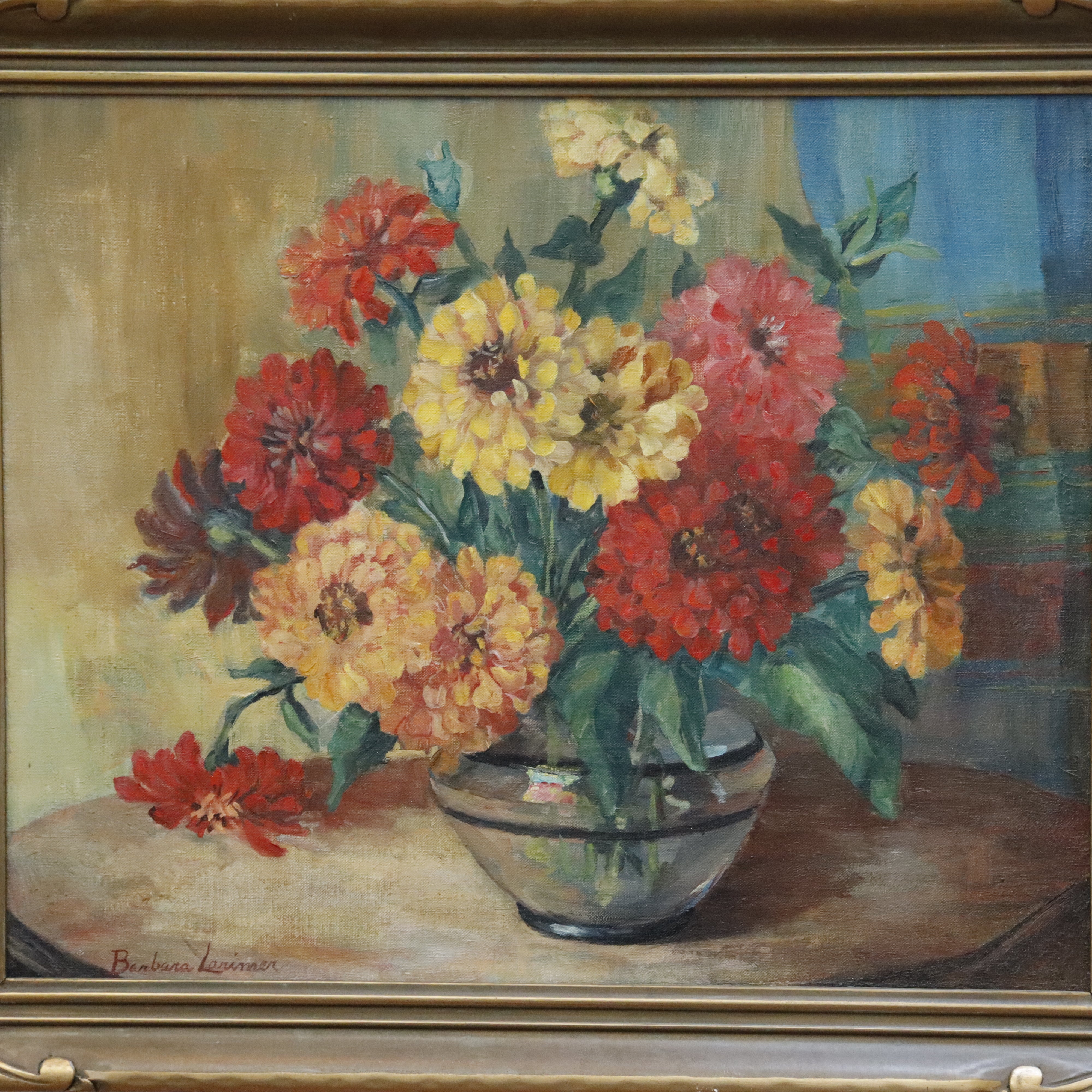 AW963: Barbara Lorimer Lorimer California Artist Still Life of Zinnias Oil on Canvas Painting