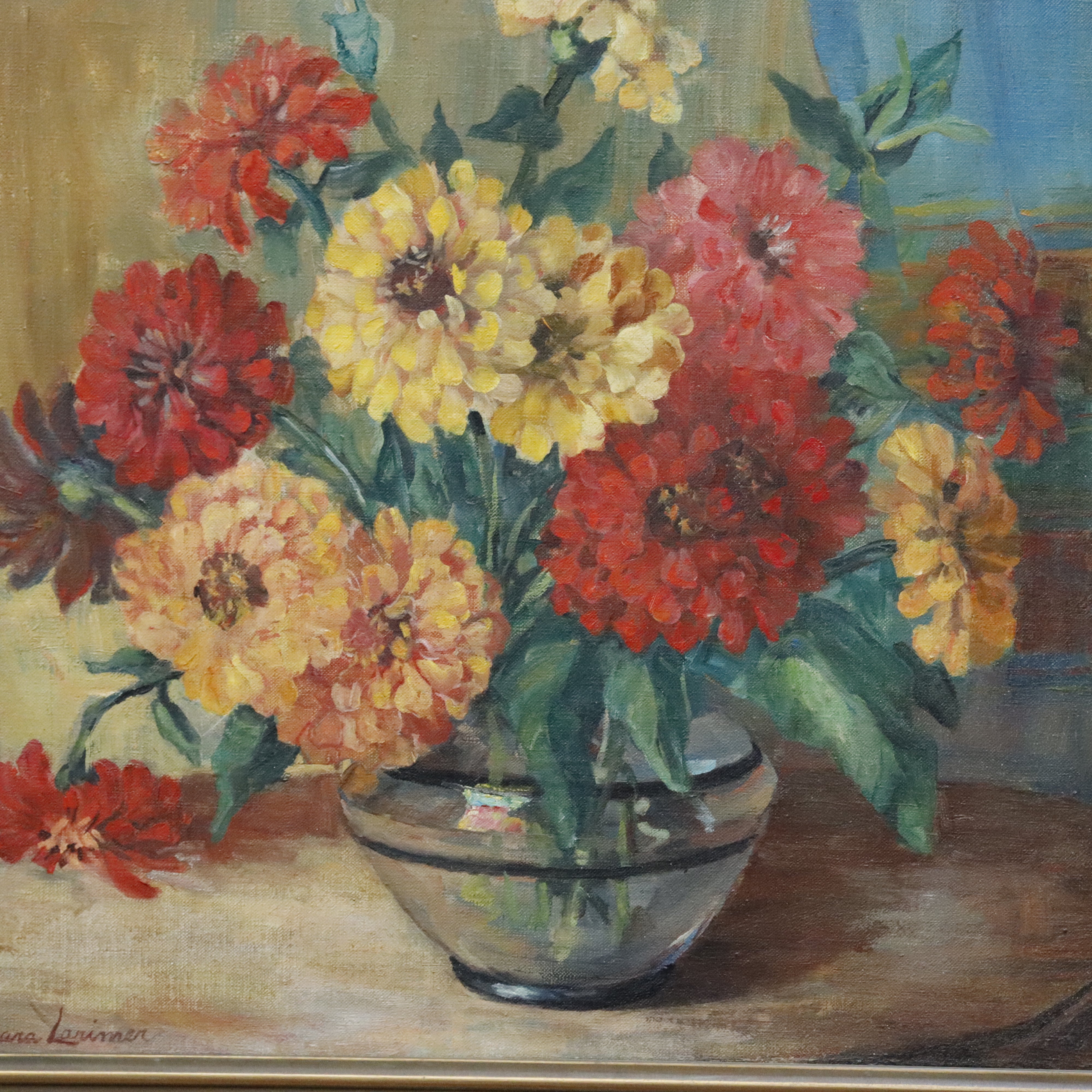 AW963: Barbara Lorimer Lorimer California Artist Still Life of Zinnias Oil on Canvas Painting