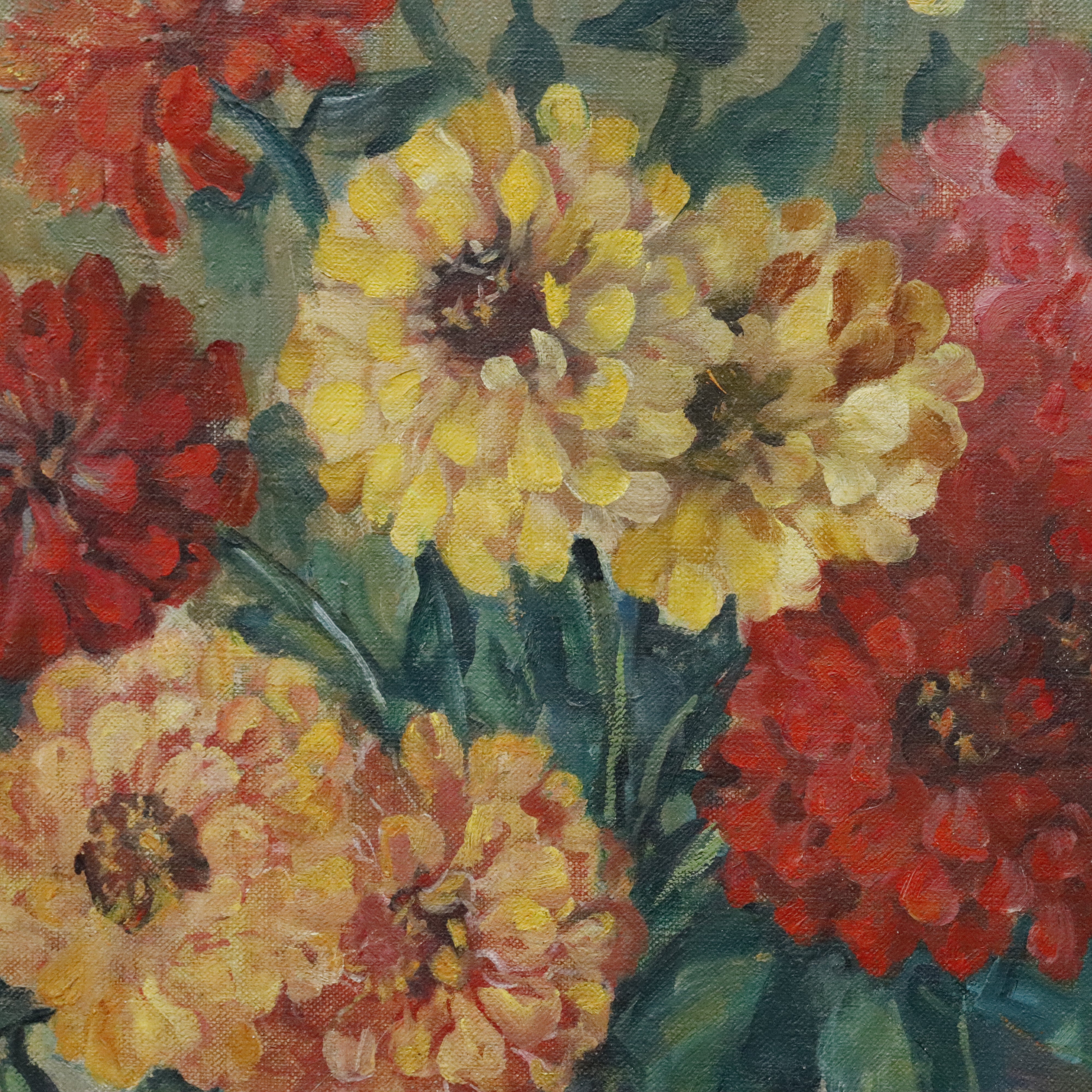 AW963: Barbara Lorimer Lorimer California Artist Still Life of Zinnias Oil on Canvas Painting