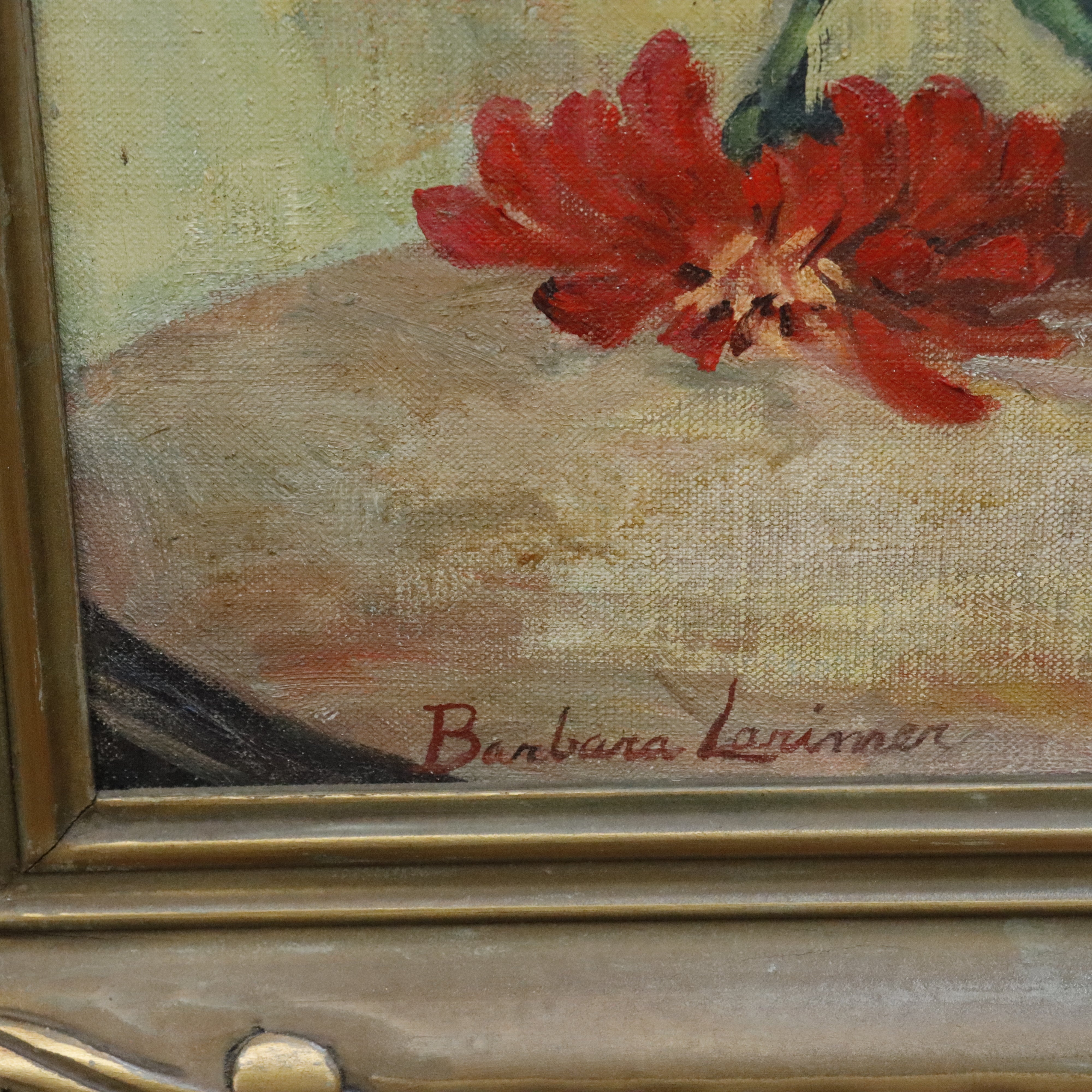 AW963: Barbara Lorimer Lorimer California Artist Still Life of Zinnias Oil on Canvas Painting