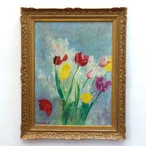AW966: Raoul - Henri Dreyfus Impressionist Floral Still Life of Tulips Oil on Canvas Painting Circa 1956