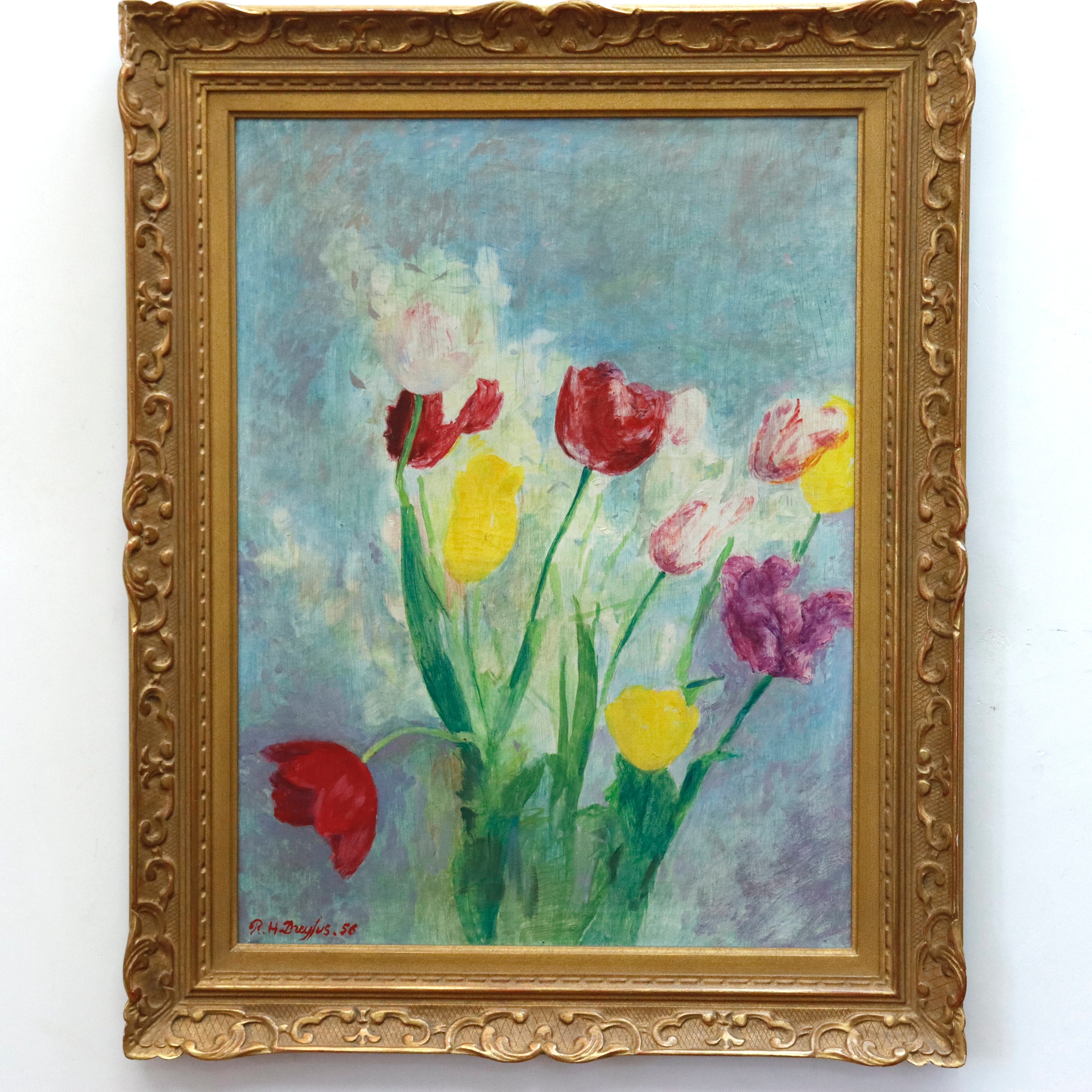 AW966: Raoul - Henri Dreyfus Impressionist Floral Still Life of Tulips Oil on Canvas Painting Circa 1956