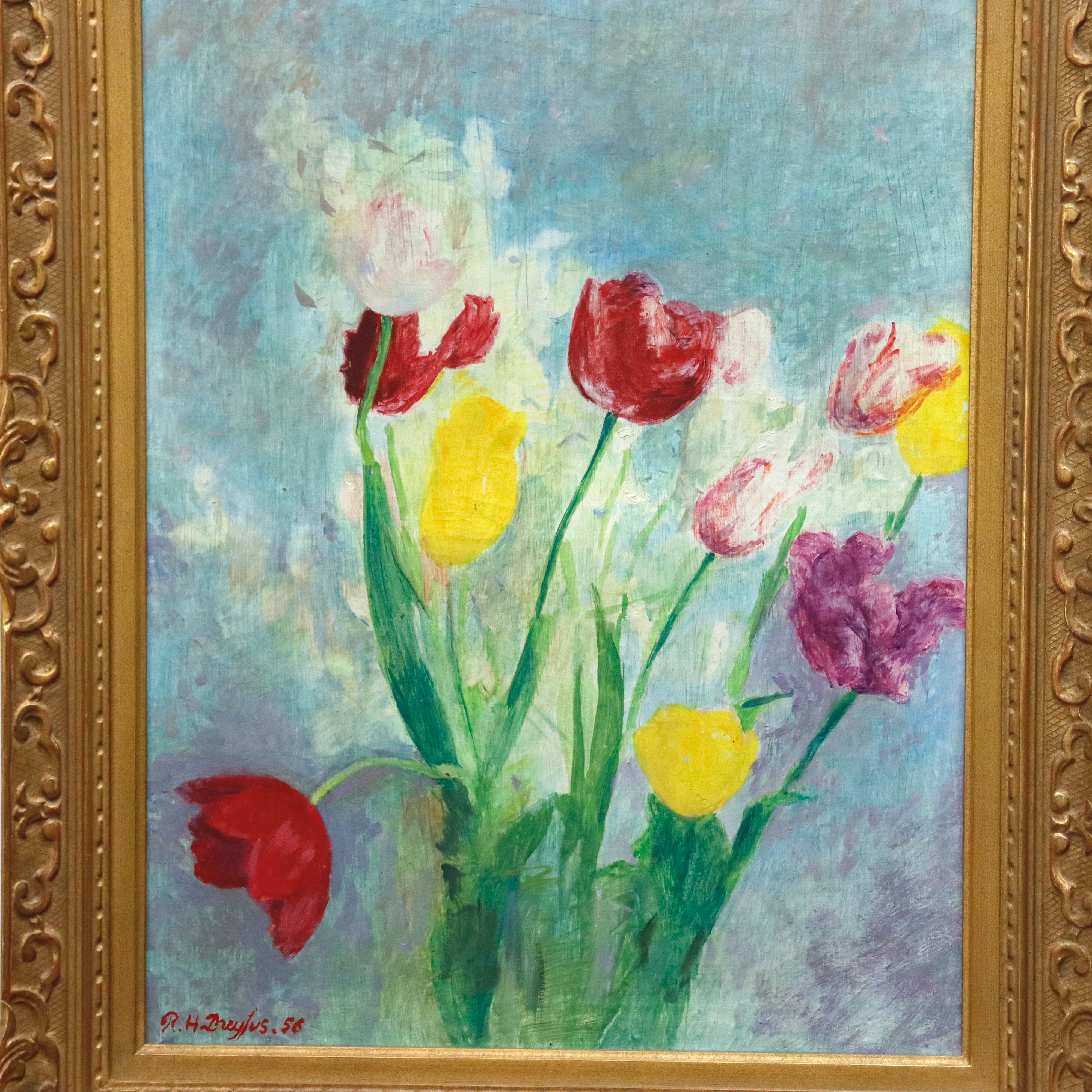 AW966: Raoul - Henri Dreyfus Impressionist Floral Still Life of Tulips Oil on Canvas Painting Circa 1956