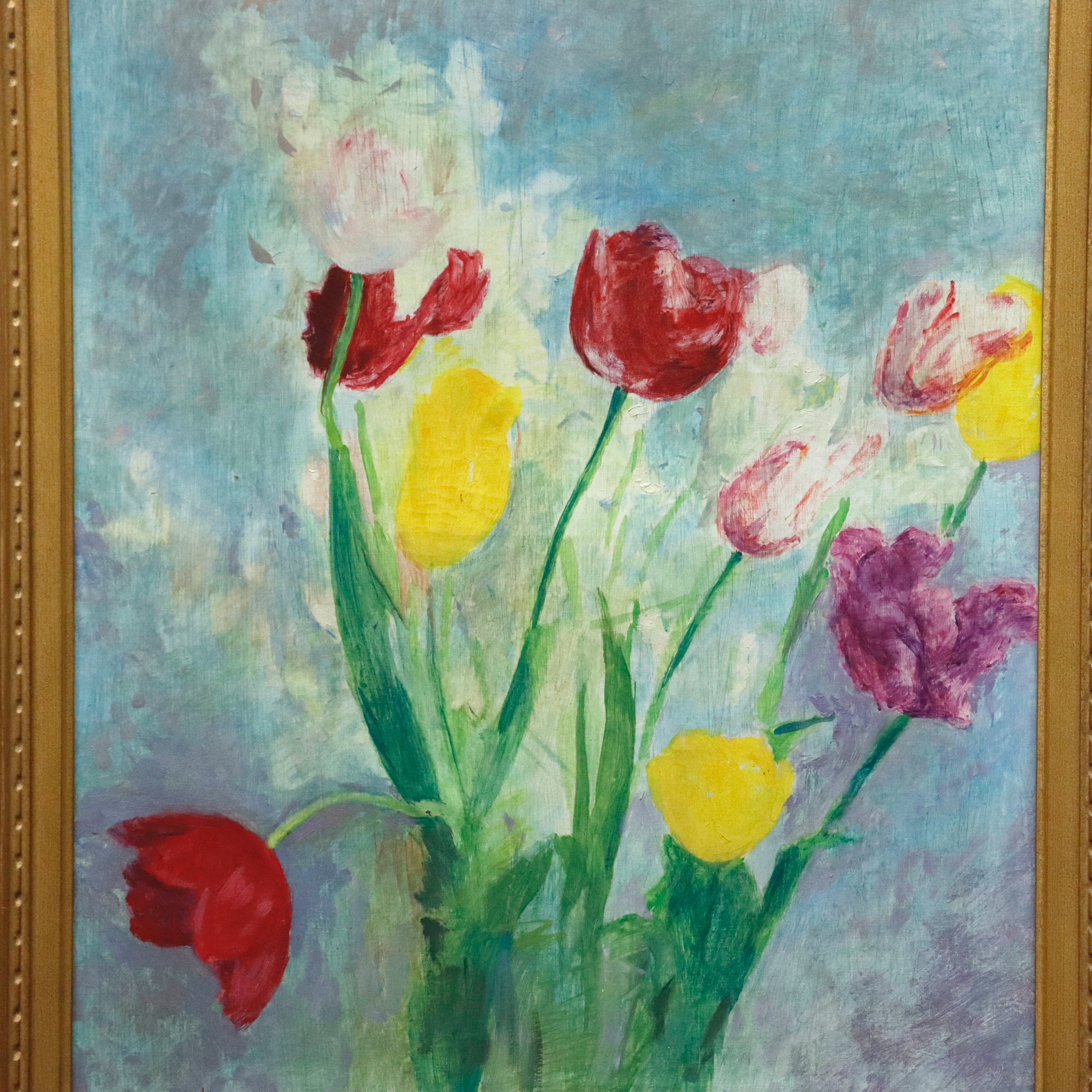 AW966: Raoul - Henri Dreyfus Impressionist Floral Still Life of Tulips Oil on Canvas Painting Circa 1956