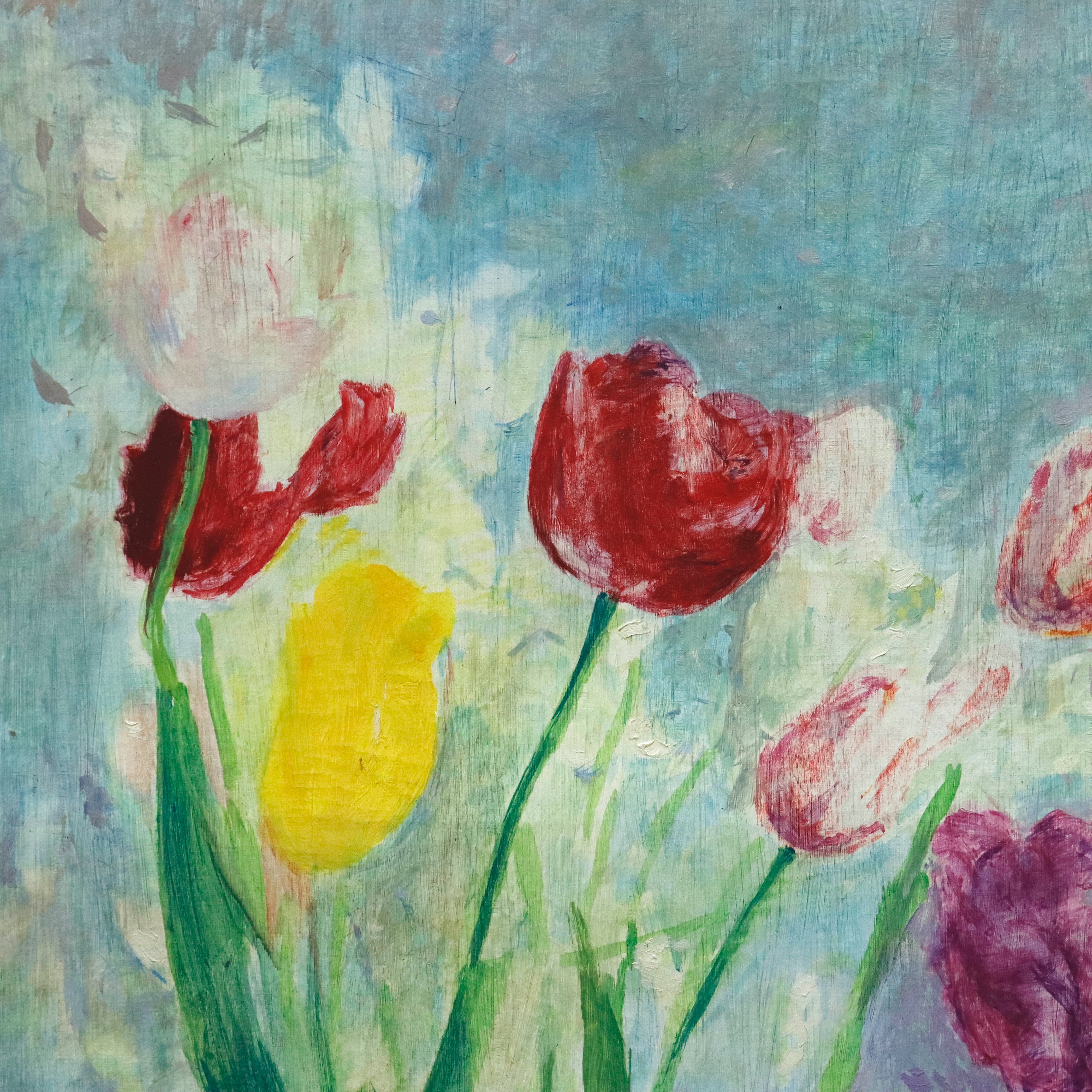AW966: Raoul - Henri Dreyfus Impressionist Floral Still Life of Tulips Oil on Canvas Painting Circa 1956