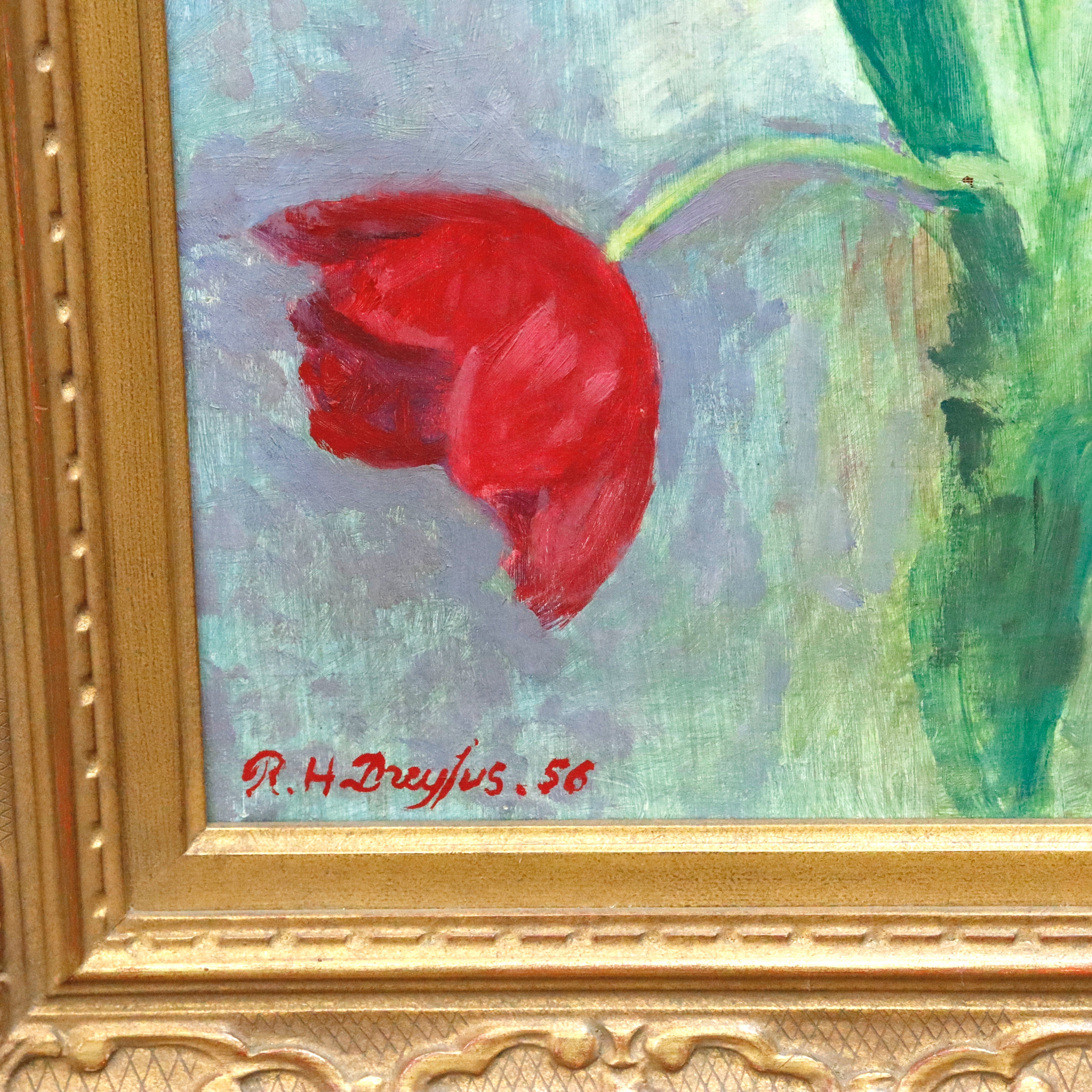 AW966: Raoul - Henri Dreyfus Impressionist Floral Still Life of Tulips Oil on Canvas Painting Circa 1956