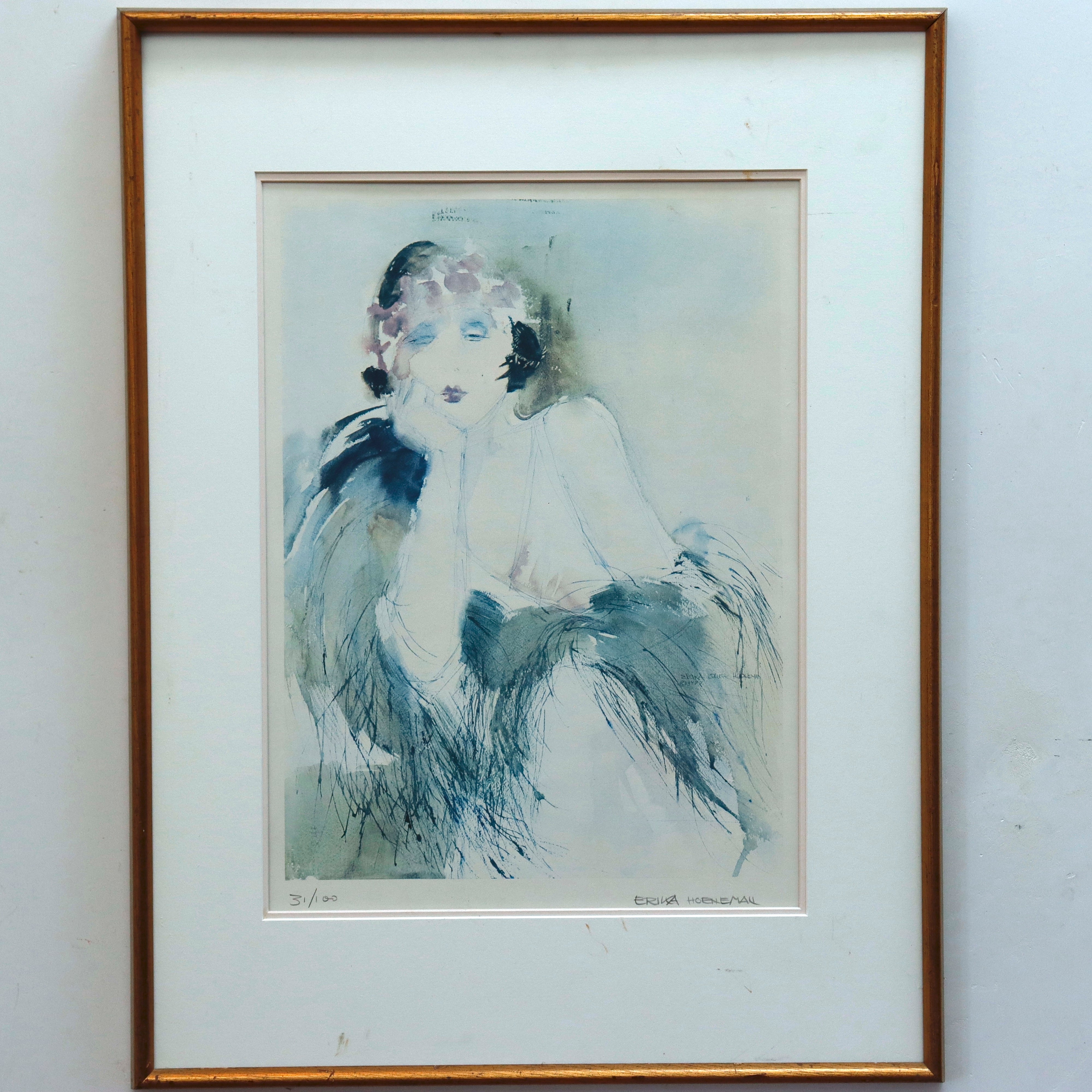 AW3-400: Erika Hoene Limited Edition Watercolor of Woman With Flowers in Her Hair