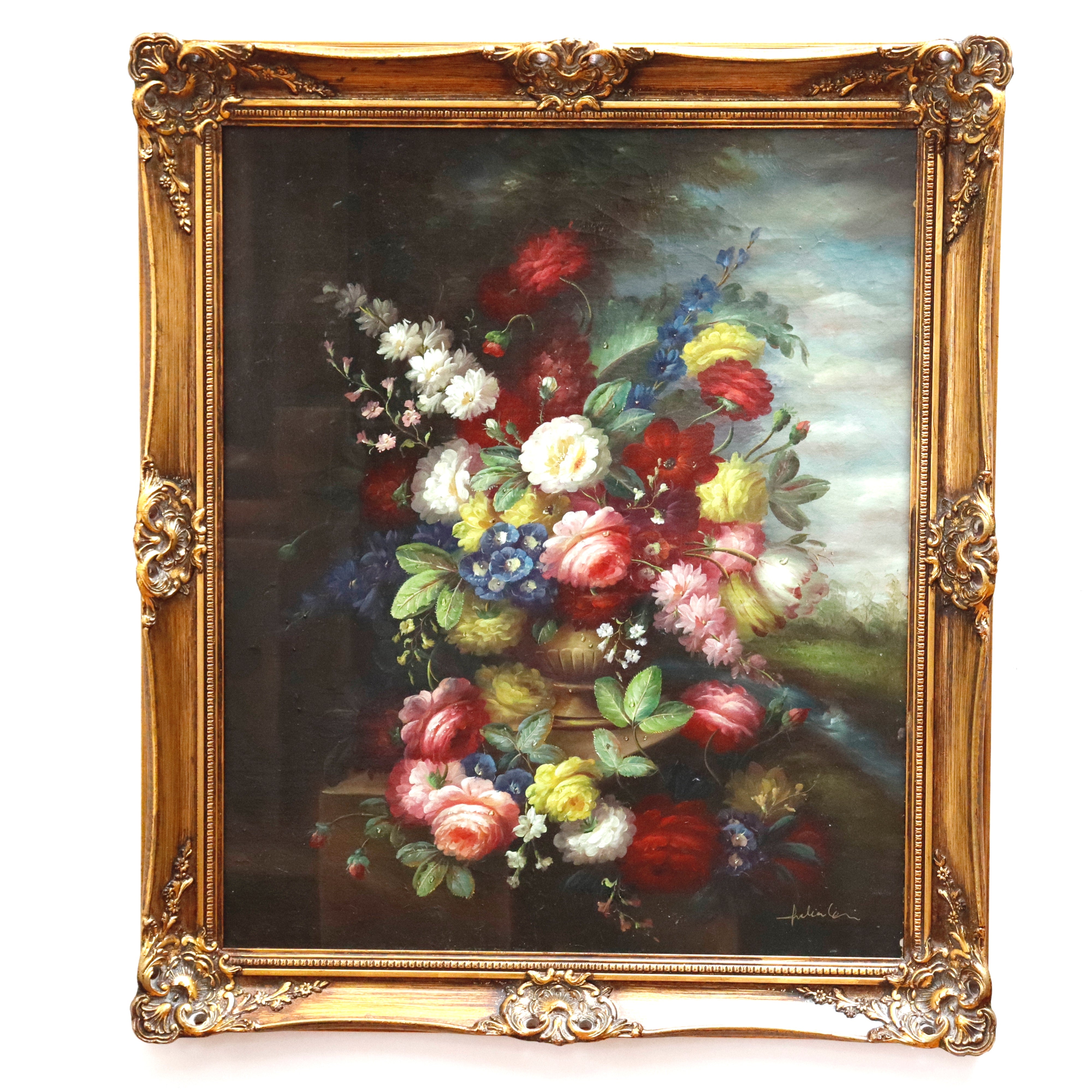 AW967: Antique Floral Still Life Oil on Canvas Mounted to Board Late 19th Century