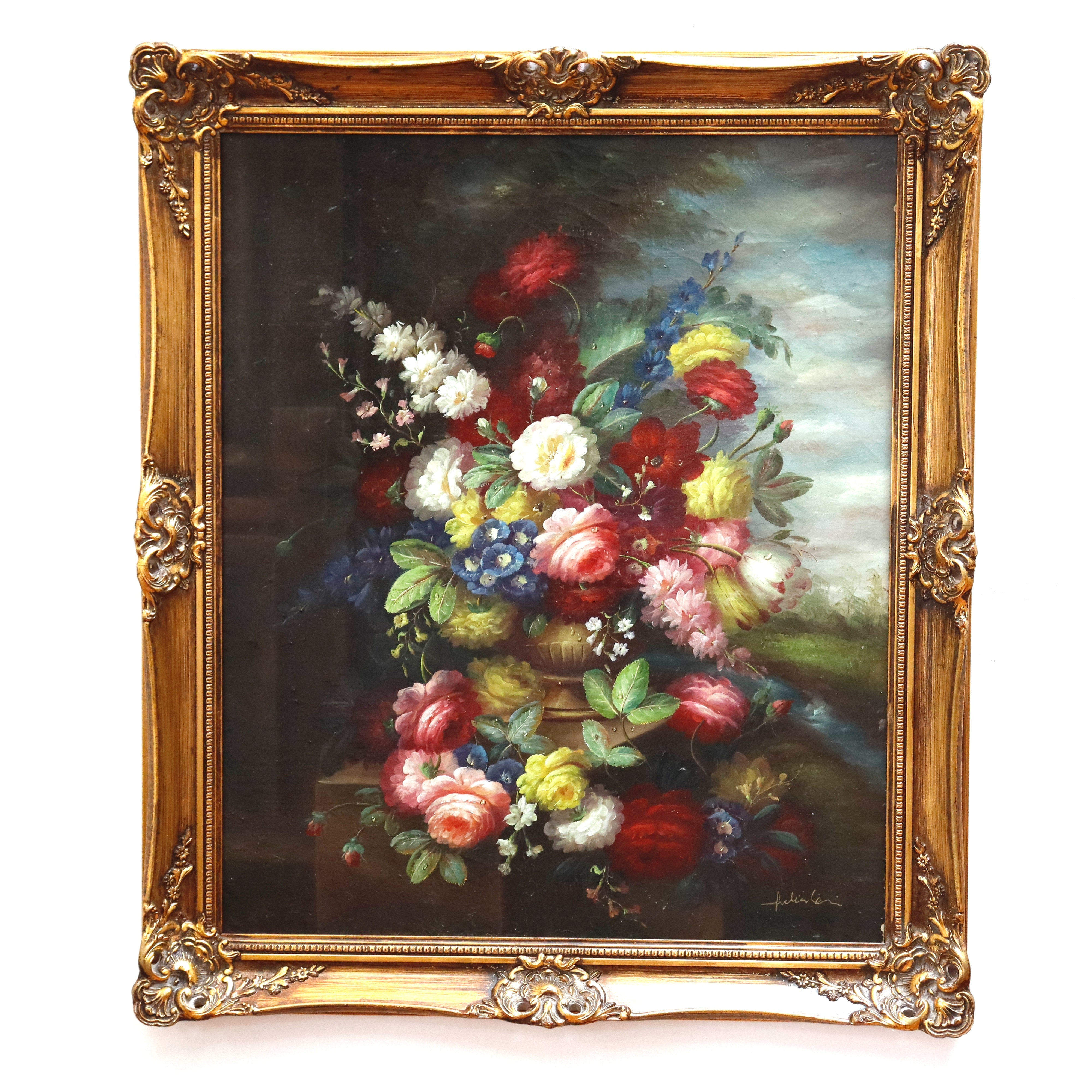 AW967: Antique Floral Still Life Oil on Canvas Mounted to Board Late 19th Century