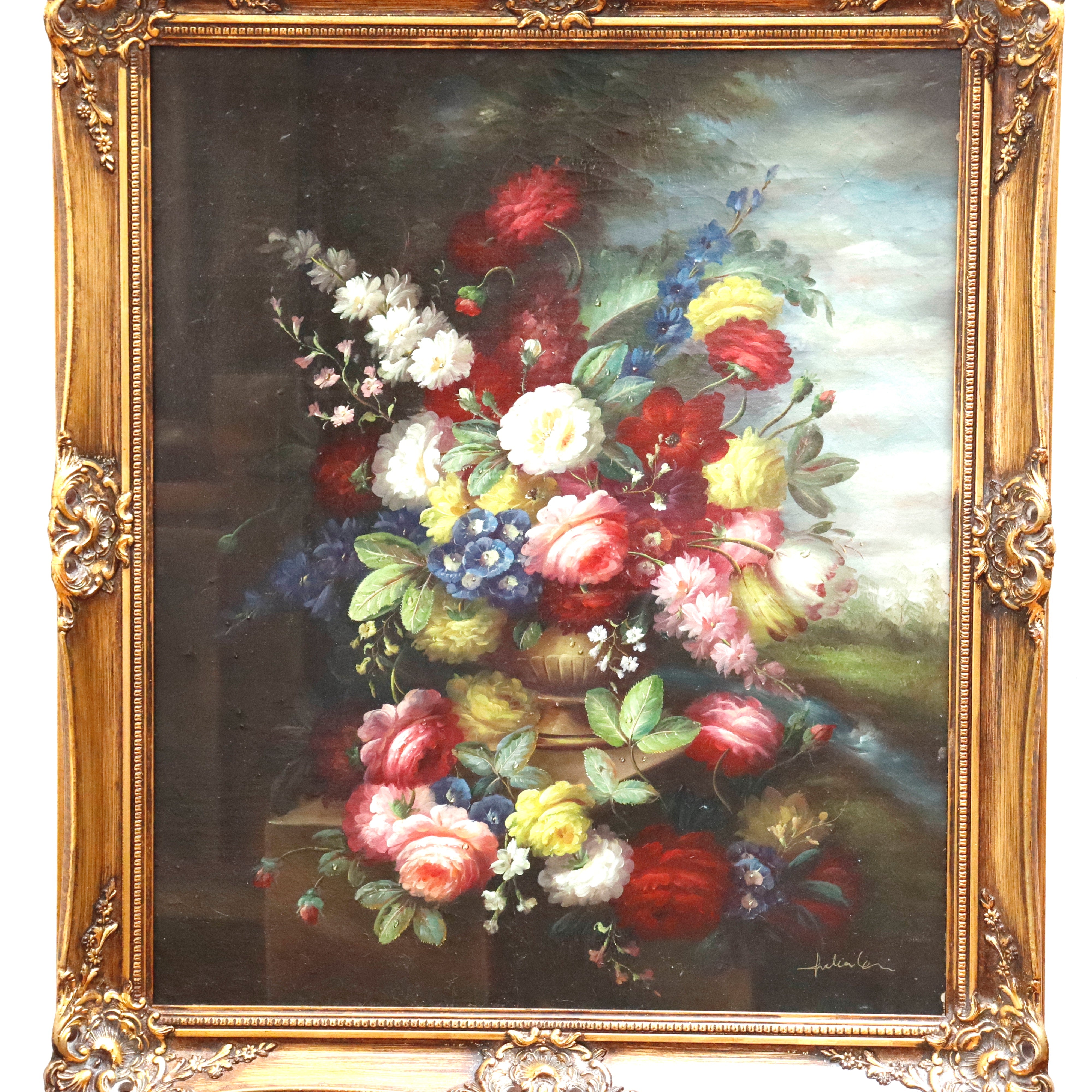 AW967: Antique Floral Still Life Oil on Canvas Mounted to Board Late 19th Century