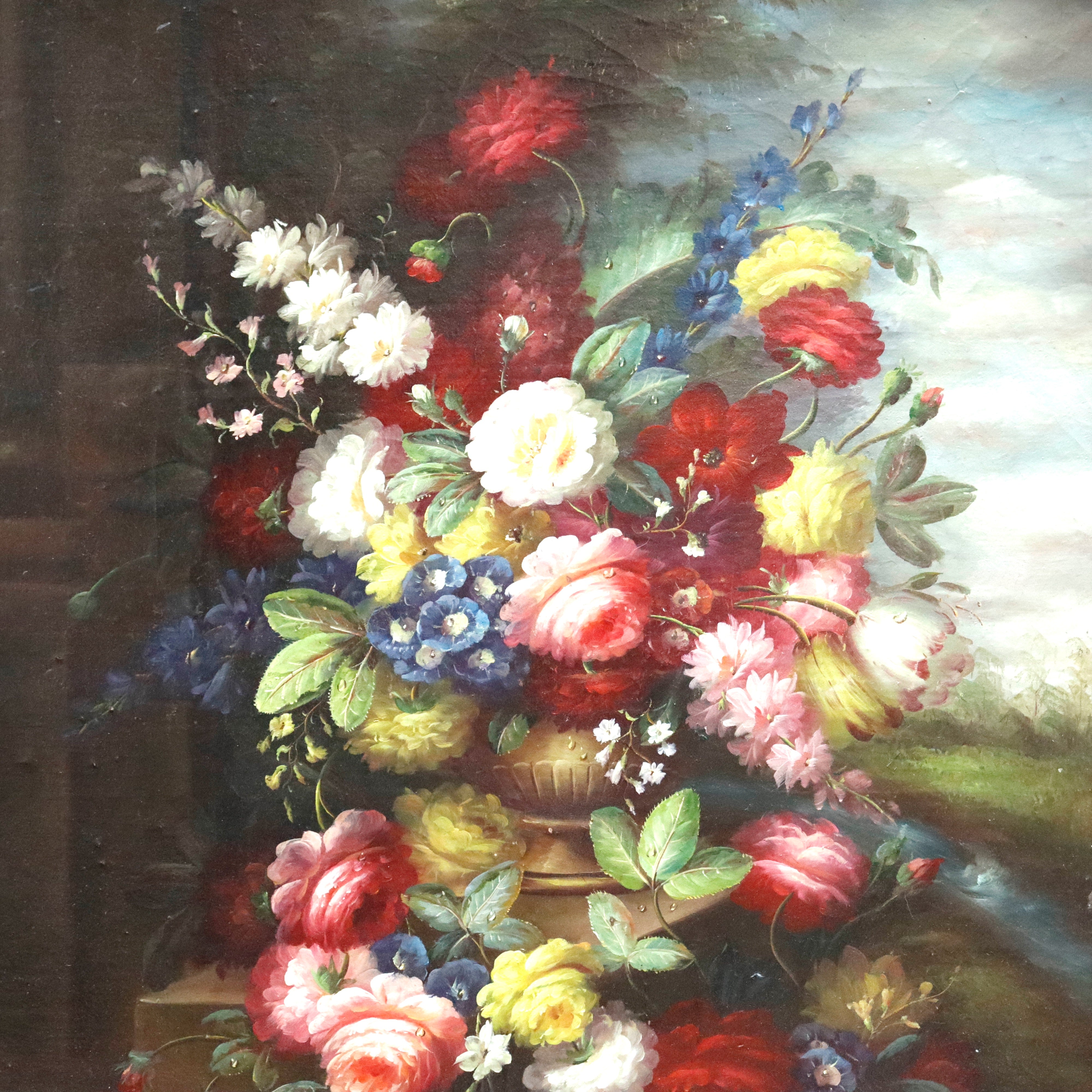 AW967: Antique Floral Still Life Oil on Canvas Mounted to Board Late 19th Century