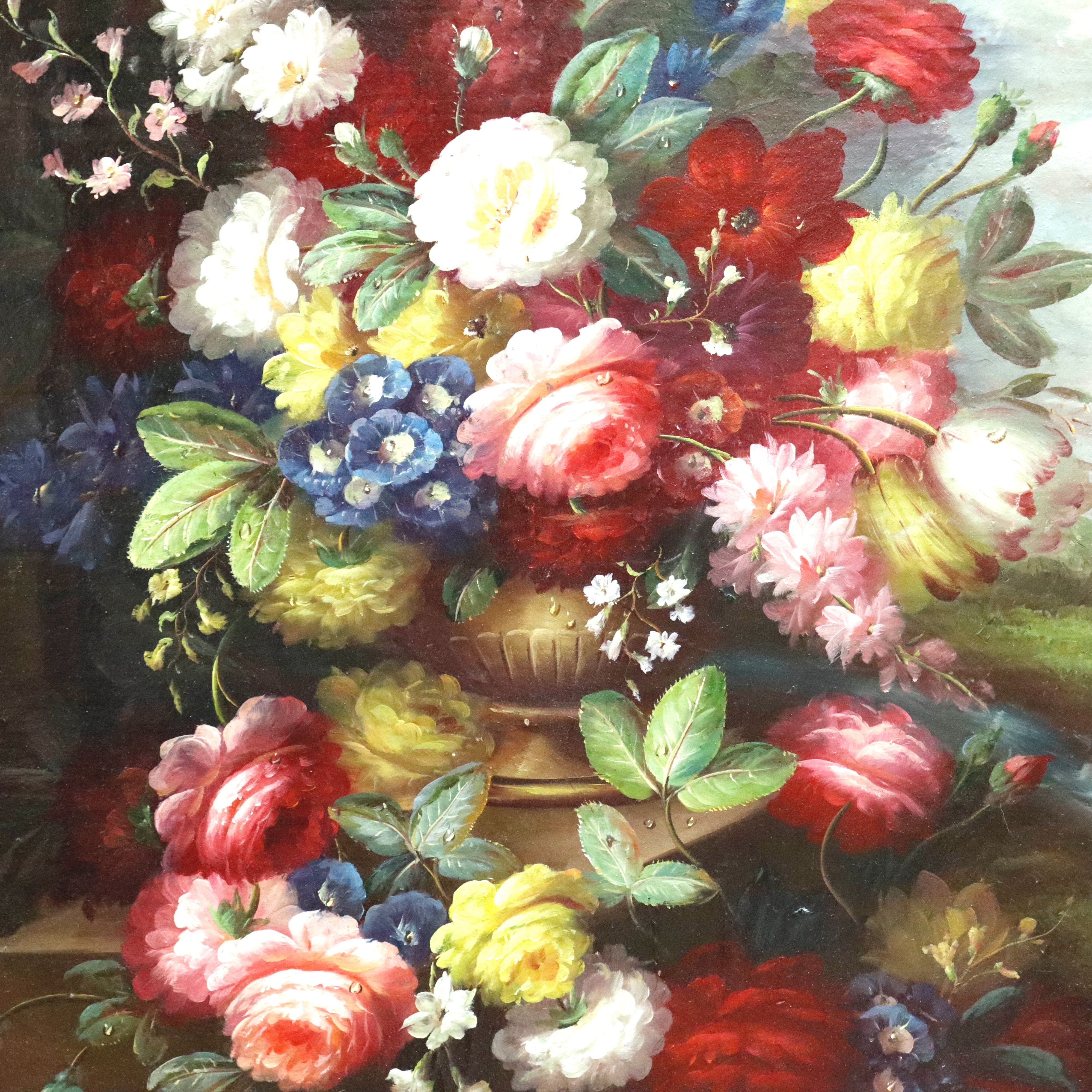 AW967: Antique Floral Still Life Oil on Canvas Mounted to Board Late 19th Century