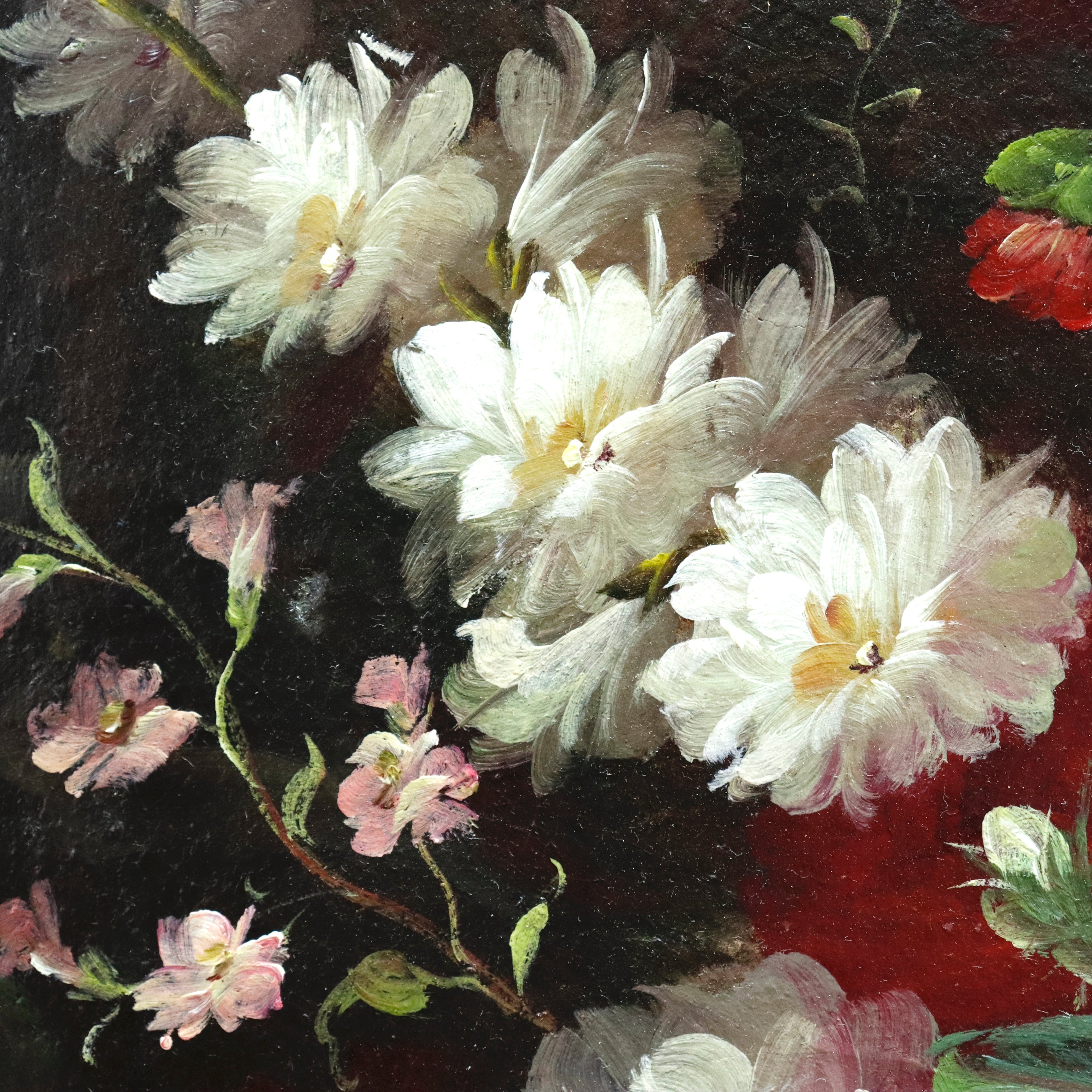 AW967: Antique Floral Still Life Oil on Canvas Mounted to Board Late 19th Century