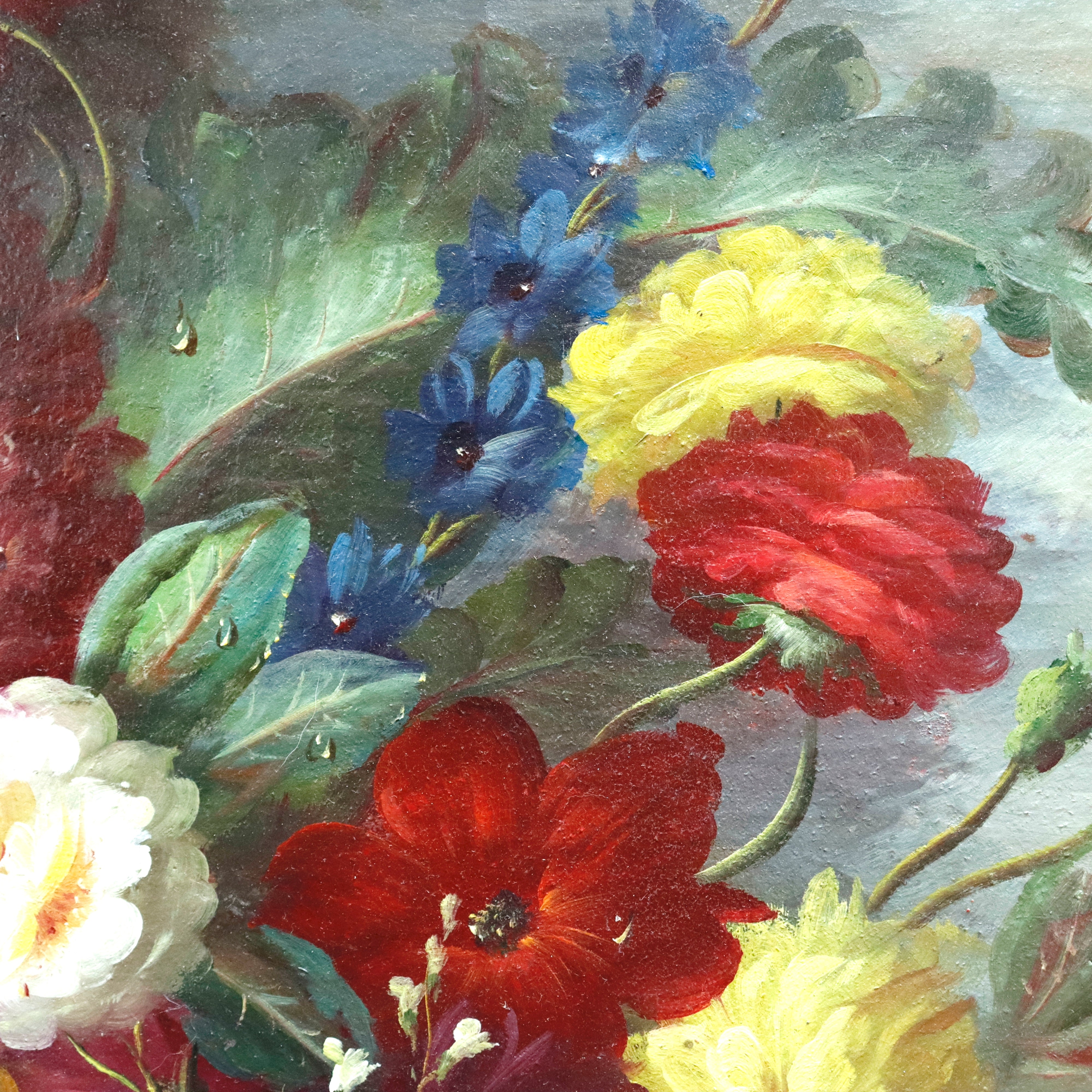 AW967: Antique Floral Still Life Oil on Canvas Mounted to Board Late 19th Century