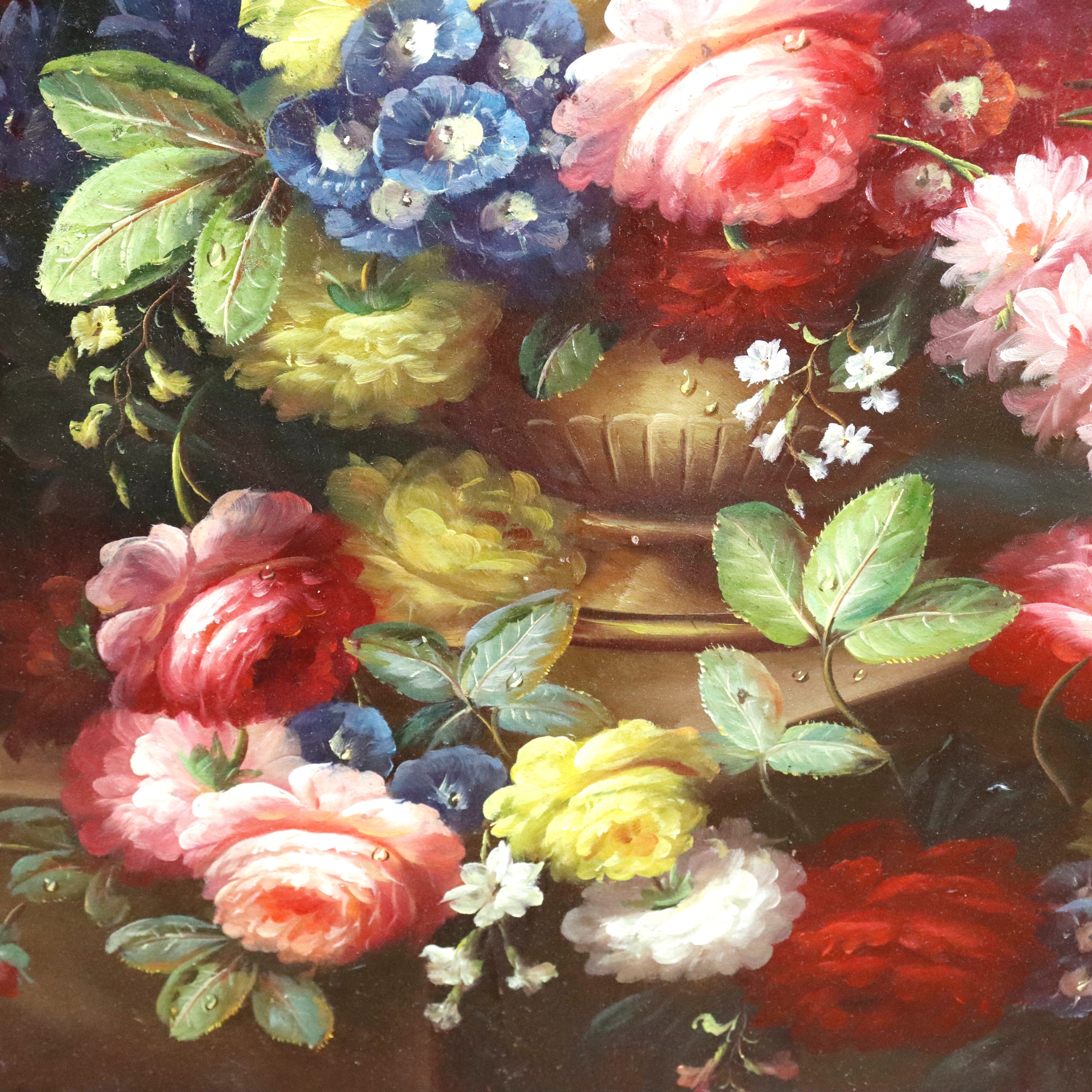 AW967: Antique Floral Still Life Oil on Canvas Mounted to Board Late 19th Century