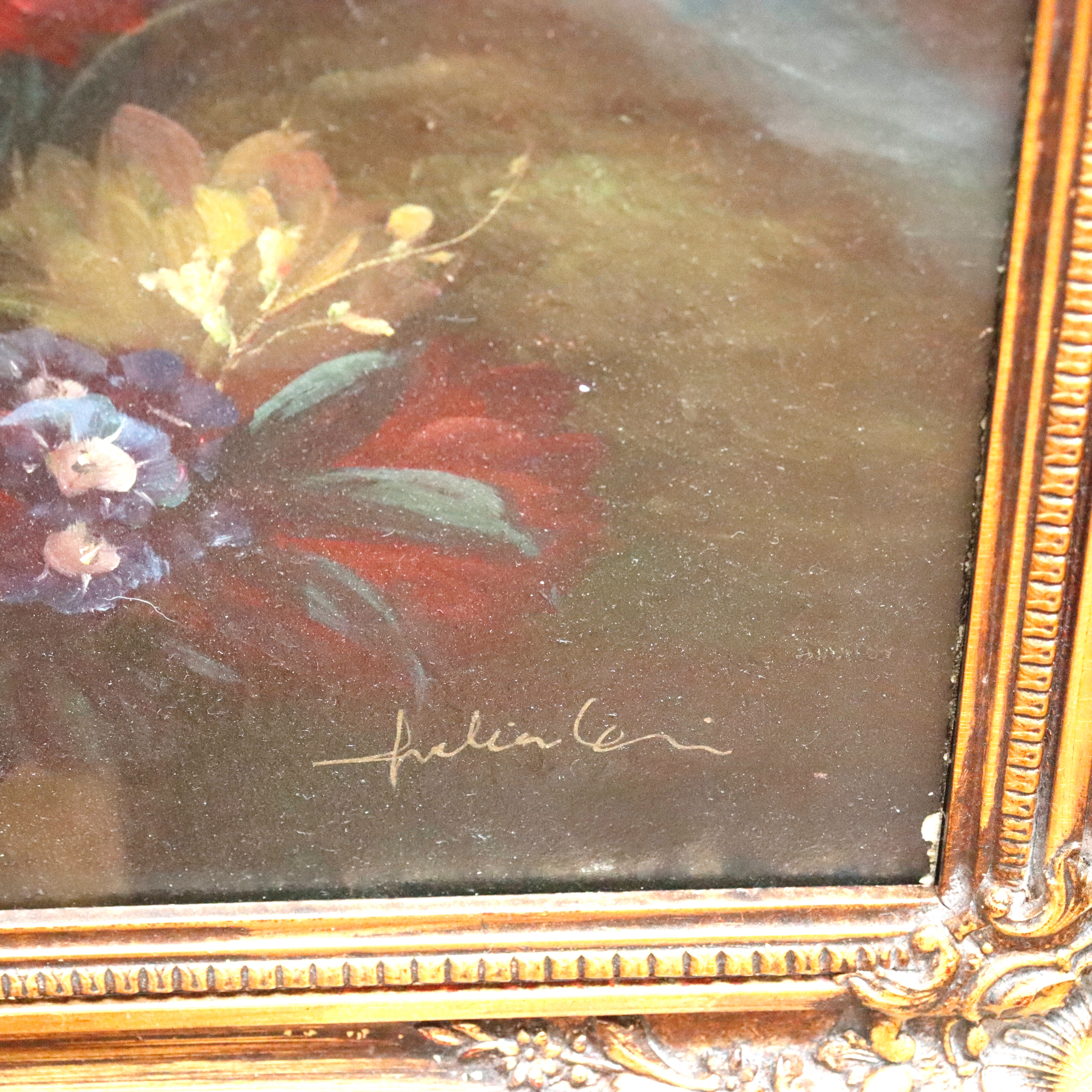 AW967: Antique Floral Still Life Oil on Canvas Mounted to Board Late 19th Century