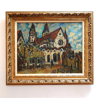 Sacha Moldovan Modernist Village Scene Oil on Canvas Painting Circa 1958 | Work of Man