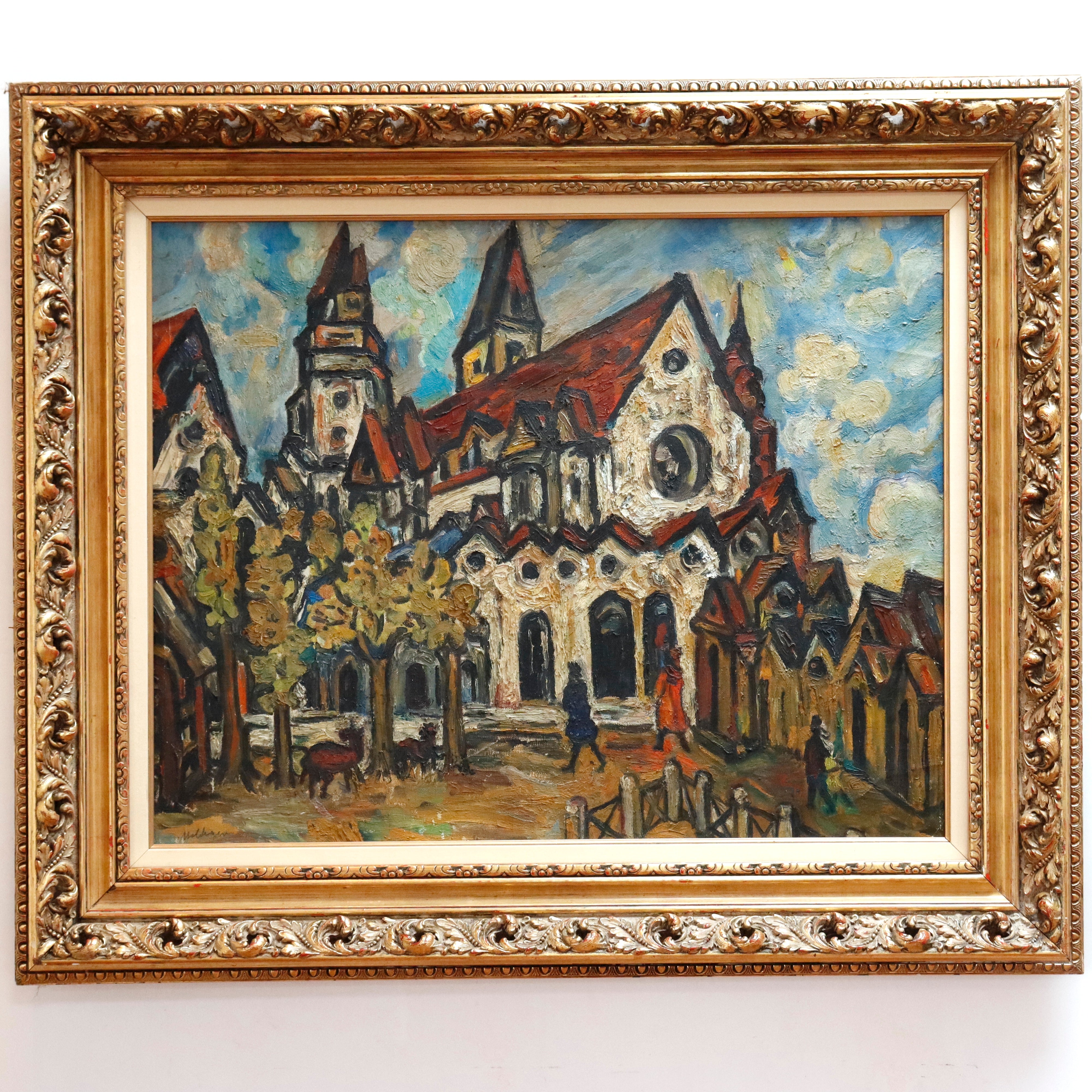 AW342: Sacha Moldovan Modernist Village Scene Oil on Canvas Painting Circa 1958