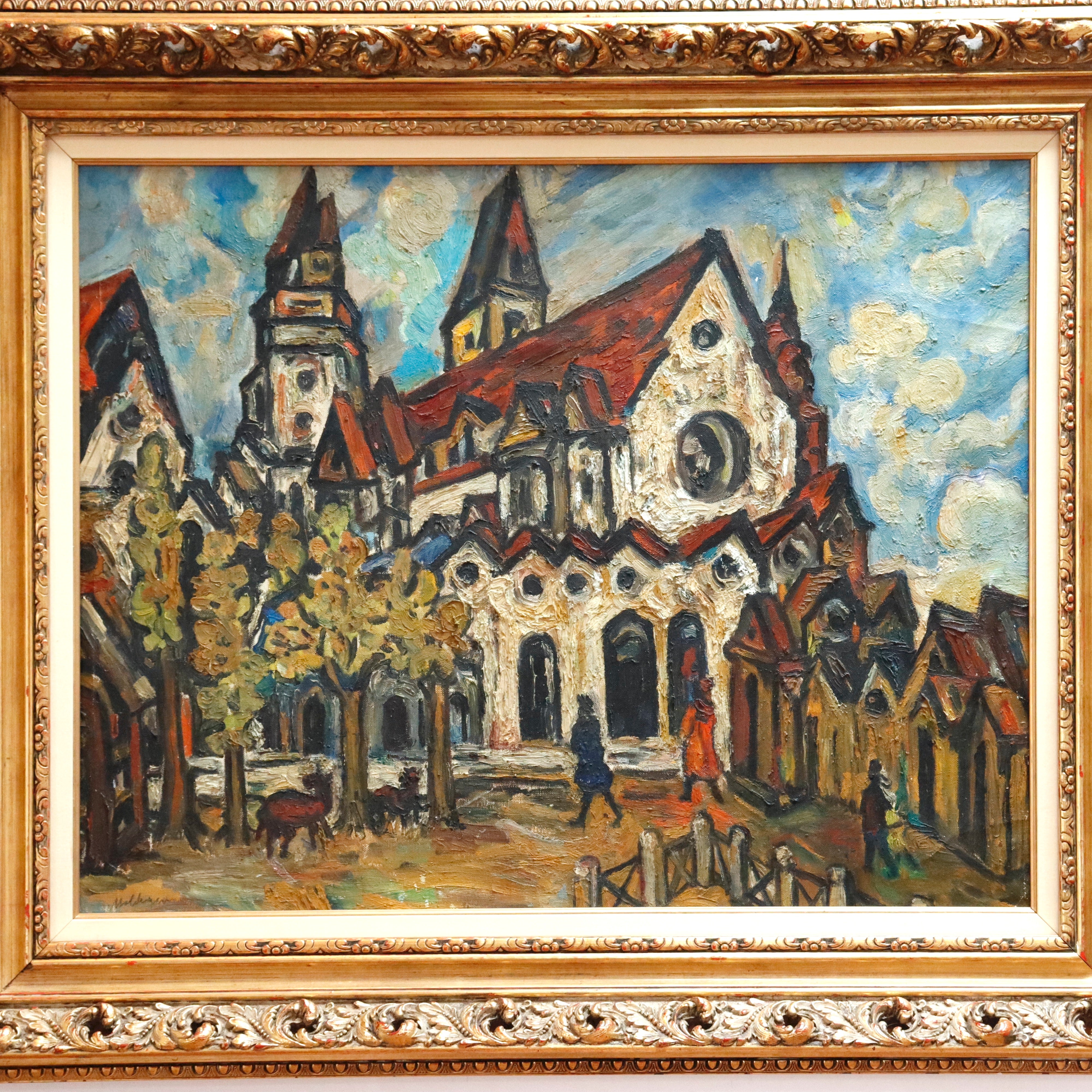 AW342: Sacha Moldovan Modernist Village Scene Oil on Canvas Painting Circa 1958