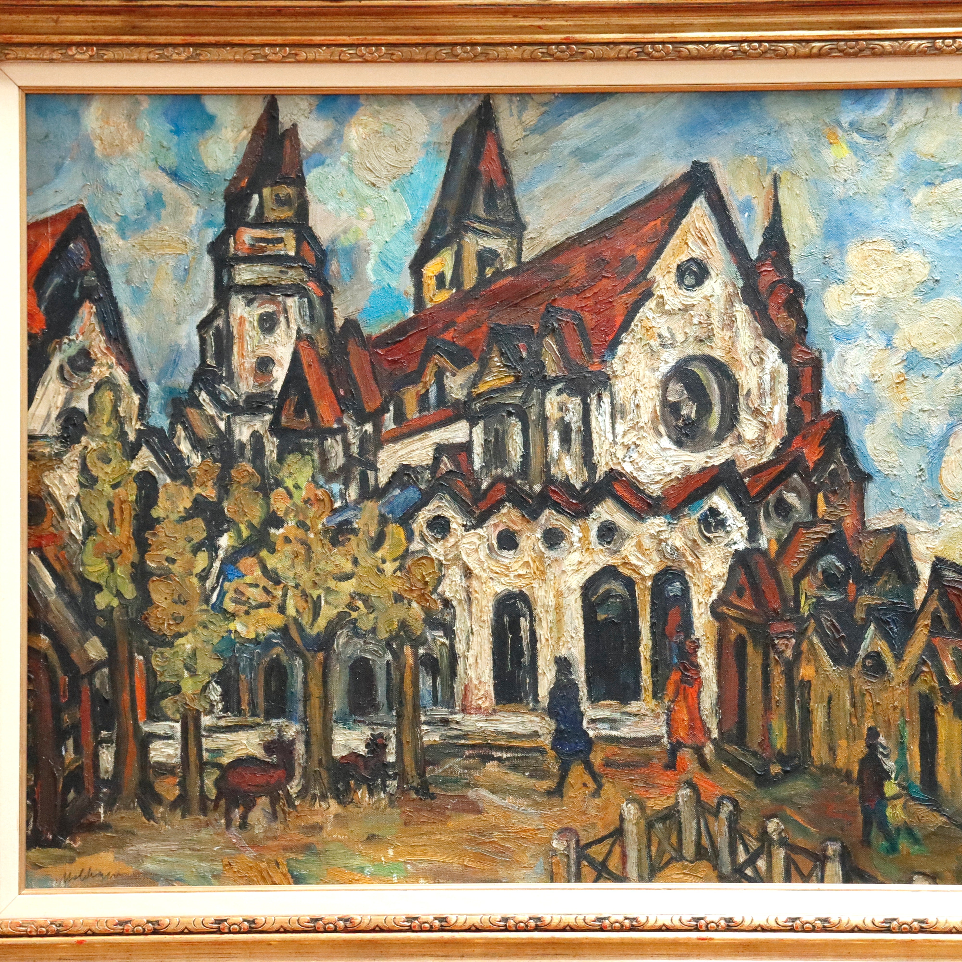 AW342: Sacha Moldovan Modernist Village Scene Oil on Canvas Painting Circa 1958