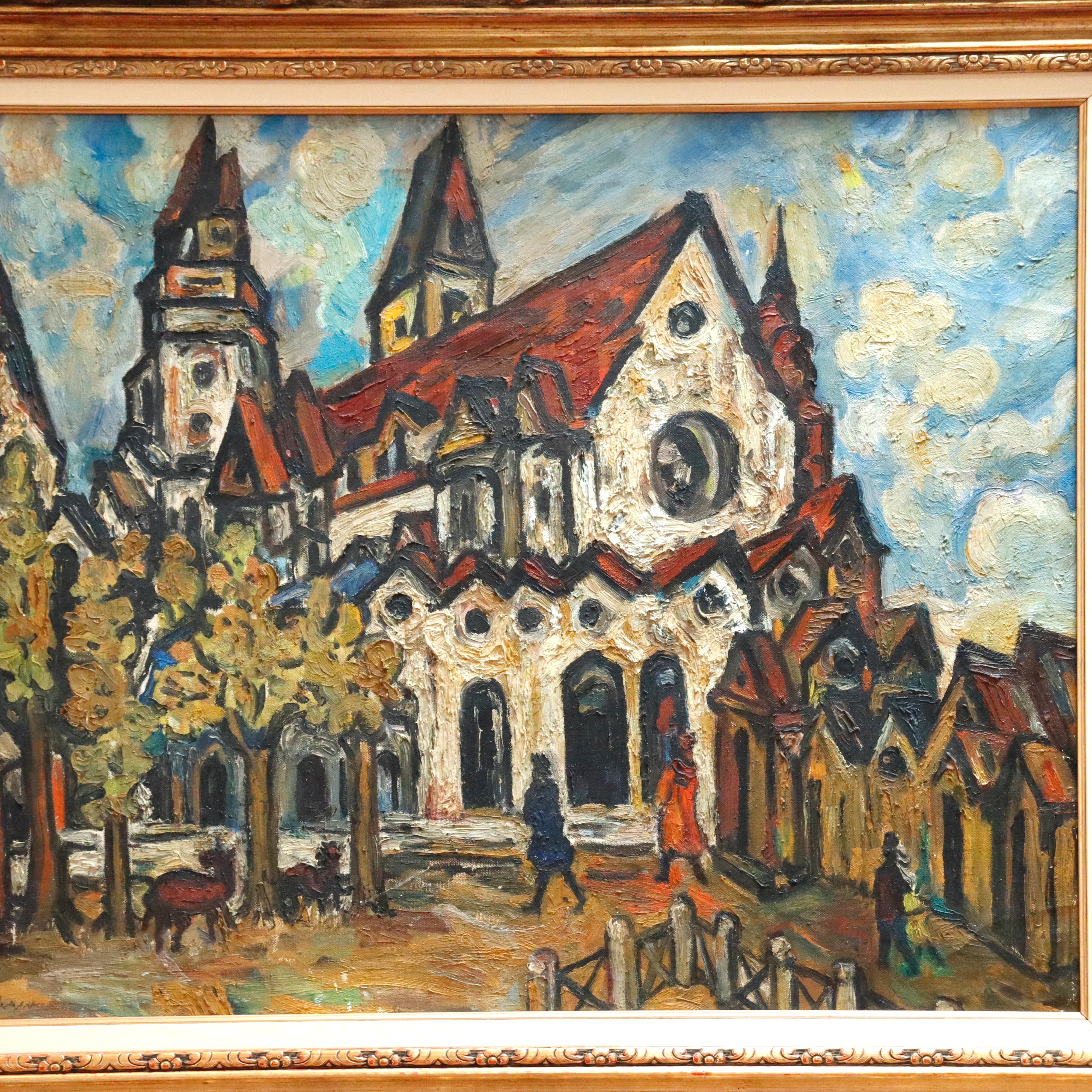 AW342: Sacha Moldovan Modernist Village Scene Oil on Canvas Painting Circa 1958