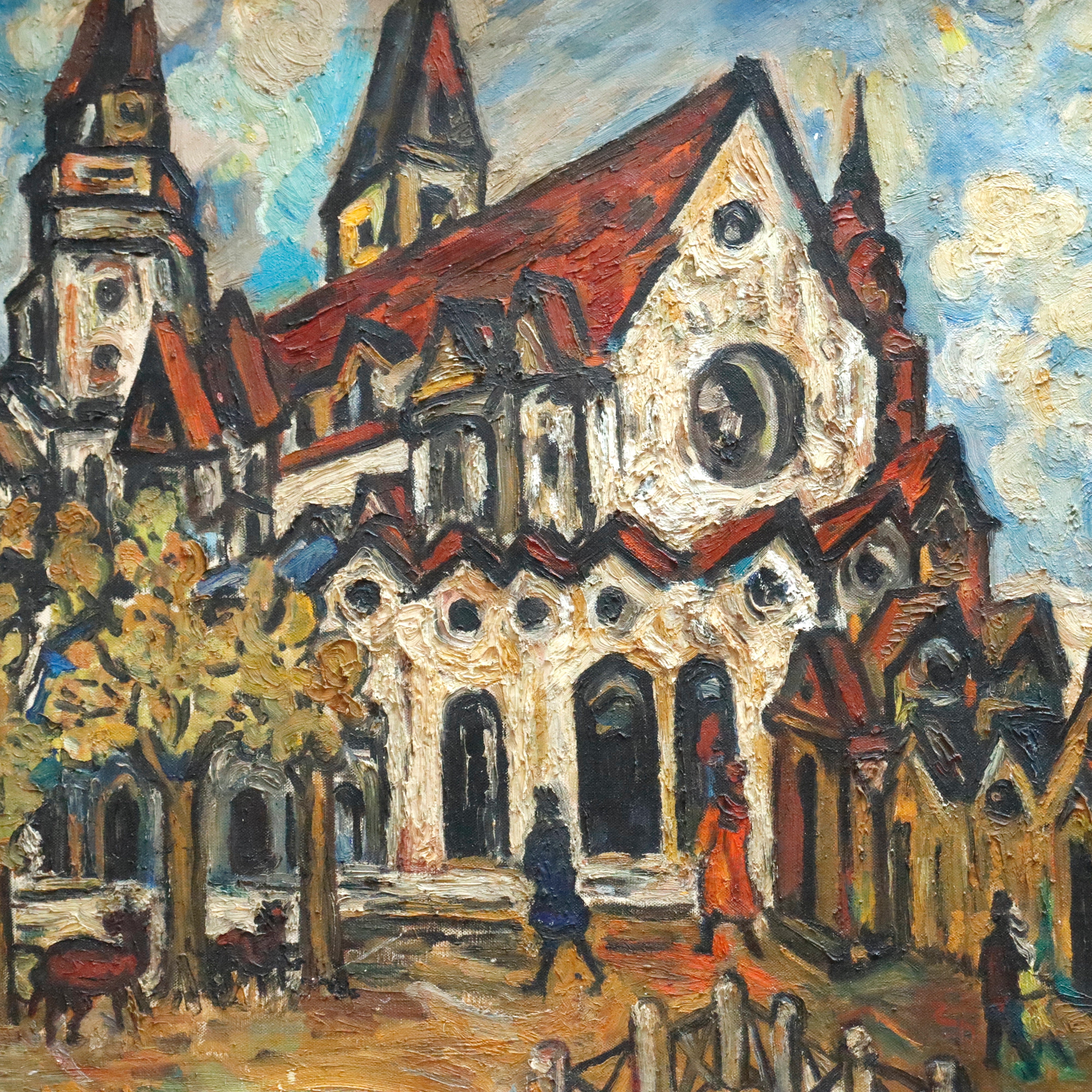 AW342: Sacha Moldovan Modernist Village Scene Oil on Canvas Painting Circa 1958