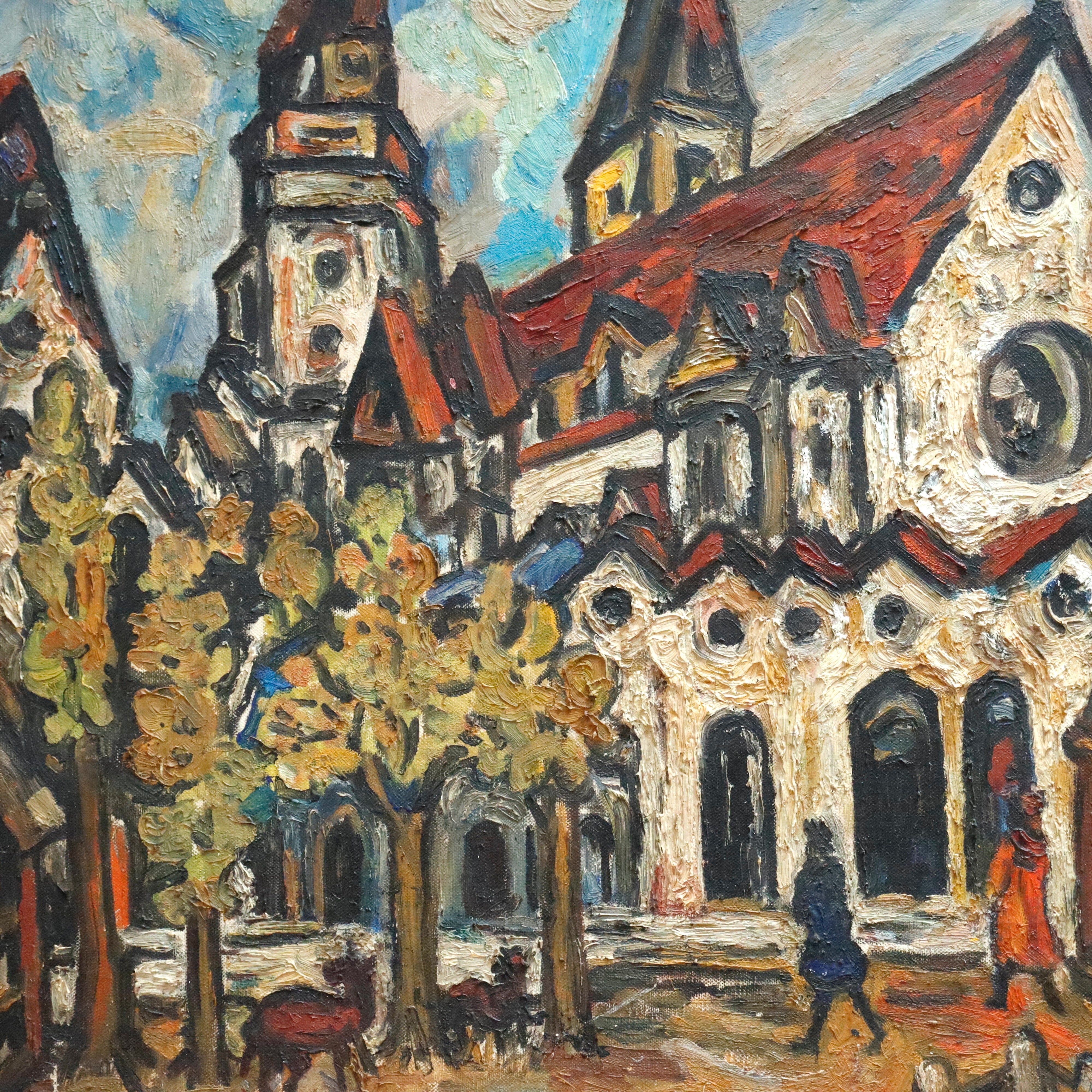 AW342: Sacha Moldovan Modernist Village Scene Oil on Canvas Painting Circa 1958