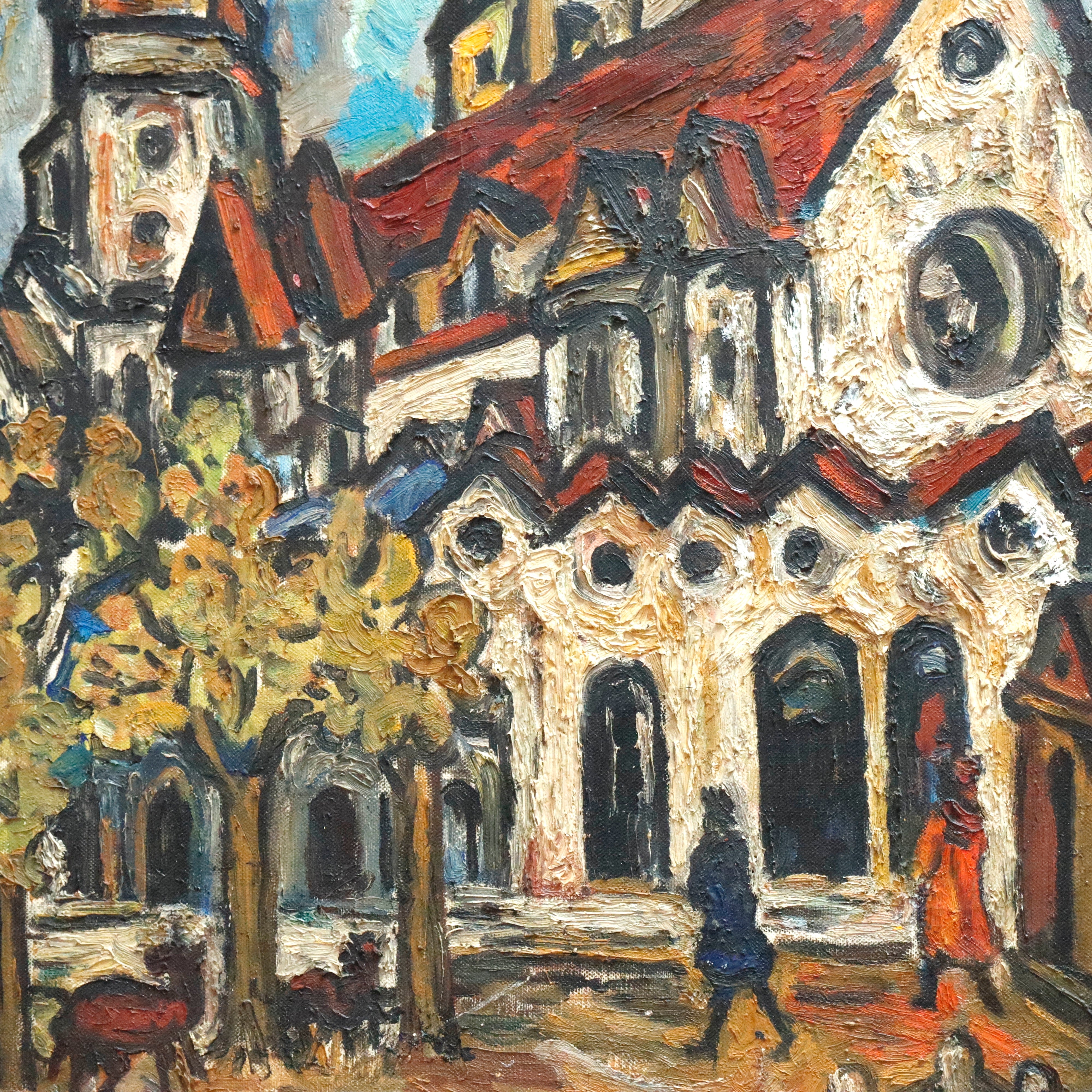 AW342: Sacha Moldovan Modernist Village Scene Oil on Canvas Painting Circa 1958