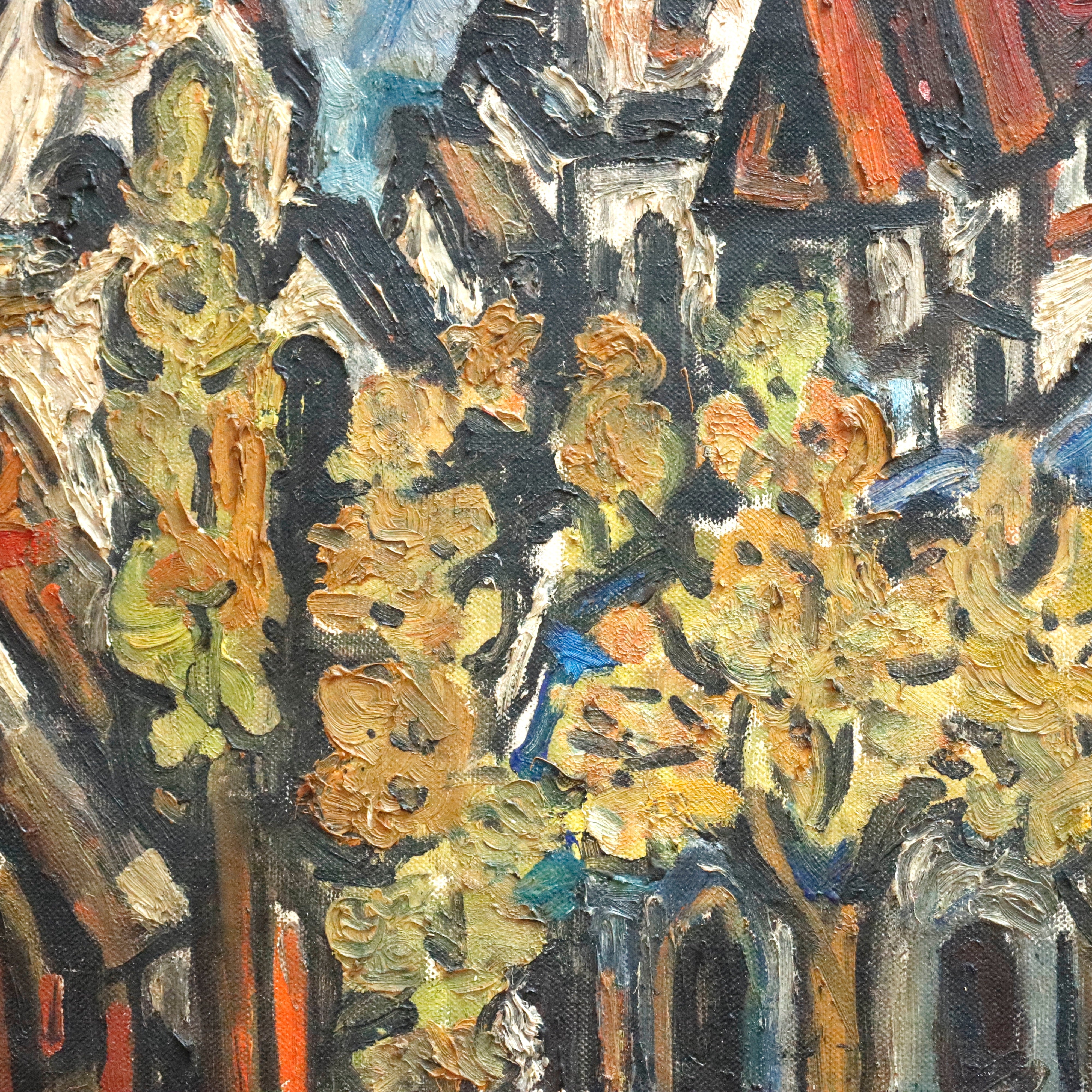 AW342: Sacha Moldovan Modernist Village Scene Oil on Canvas Painting Circa 1958