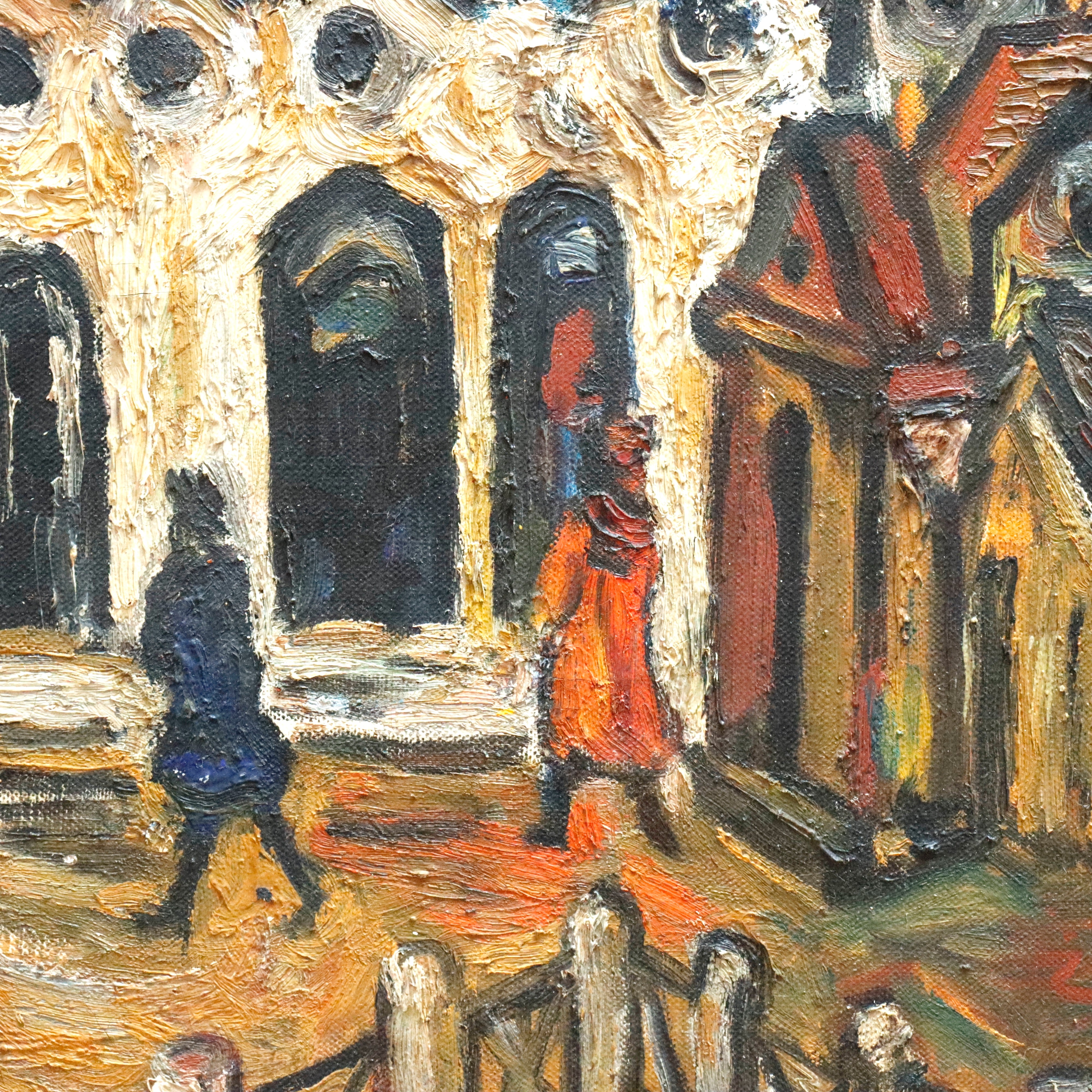 AW342: Sacha Moldovan Modernist Village Scene Oil on Canvas Painting Circa 1958