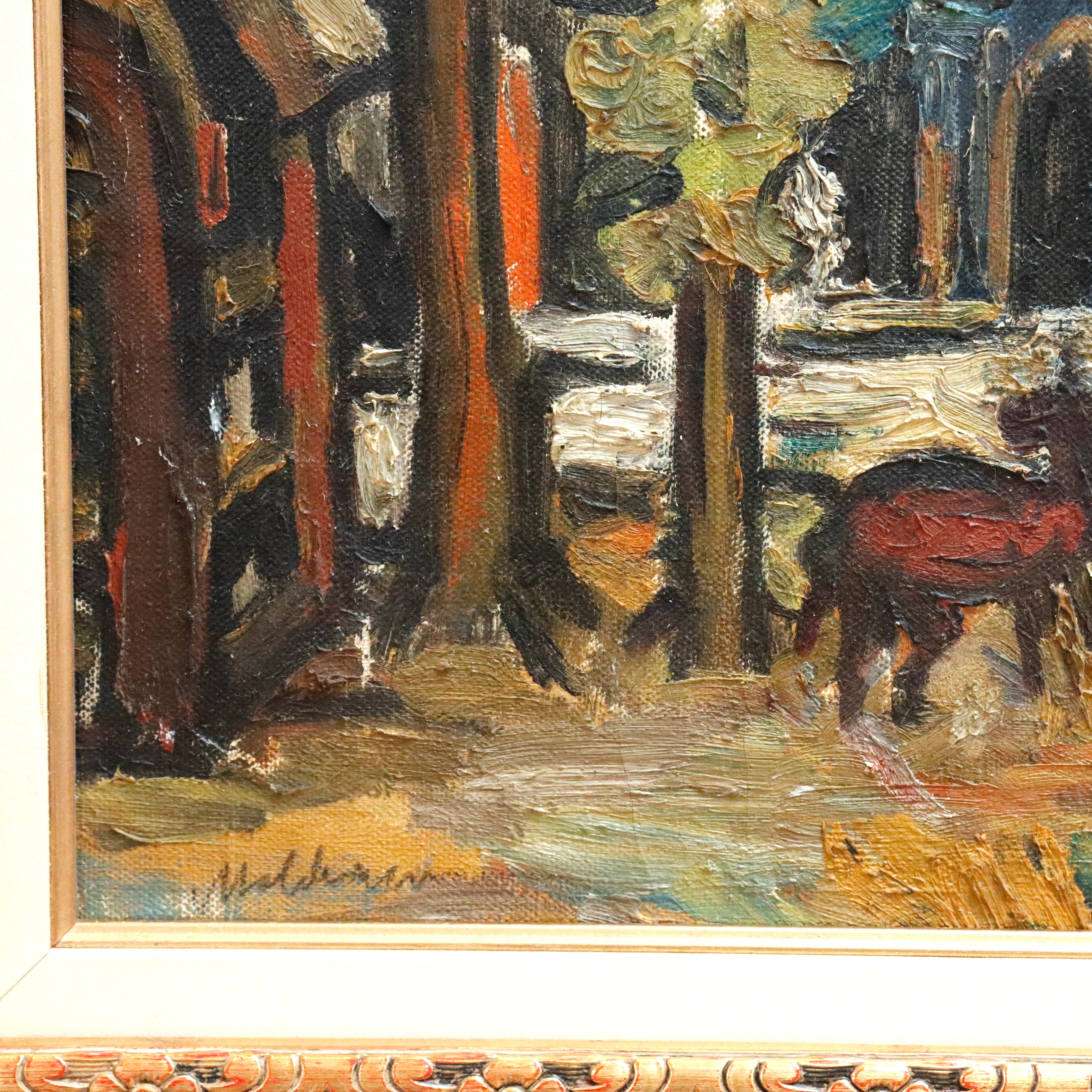 AW342: Sacha Moldovan Modernist Village Scene Oil on Canvas Painting Circa 1958