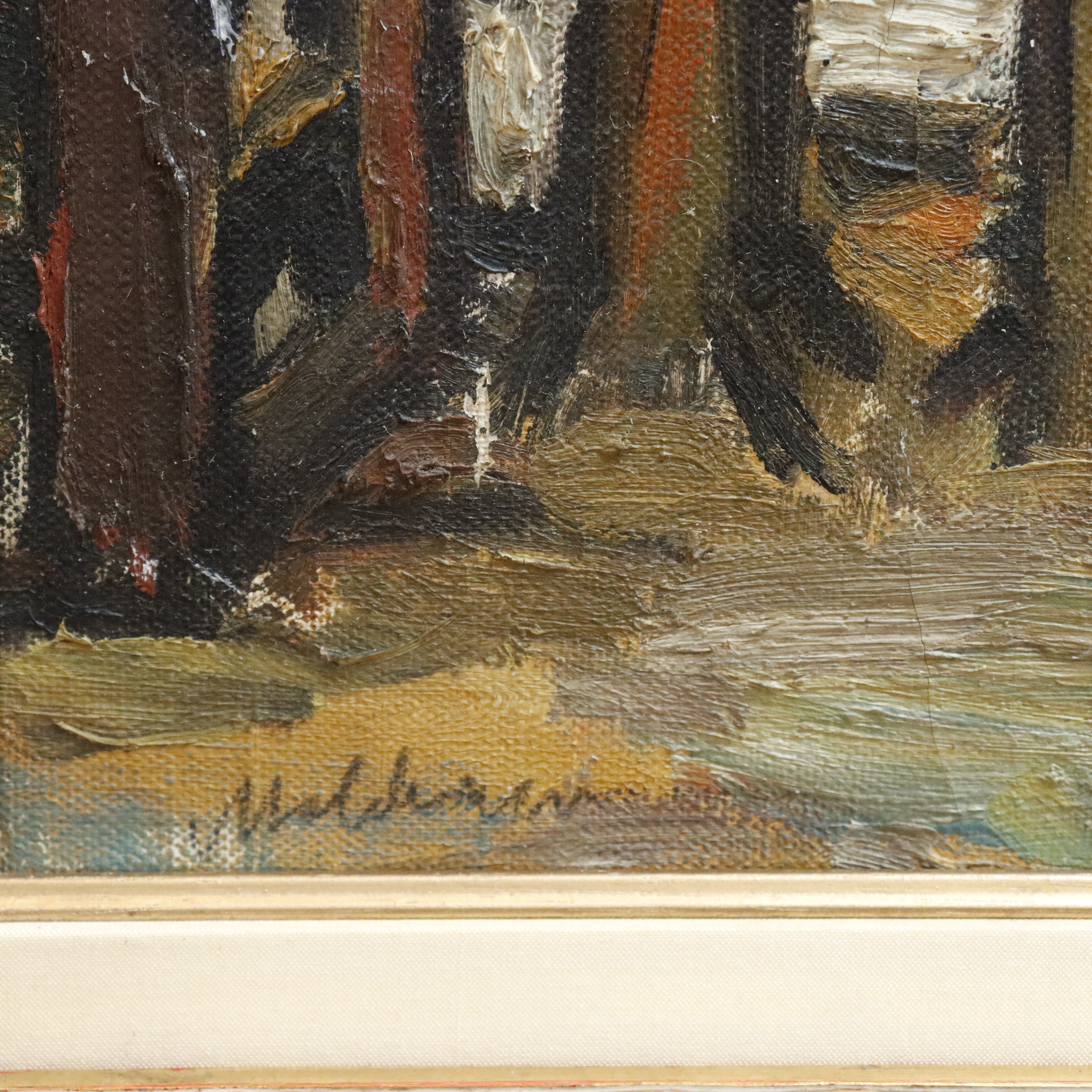 AW342: Sacha Moldovan Modernist Village Scene Oil on Canvas Painting Circa 1958