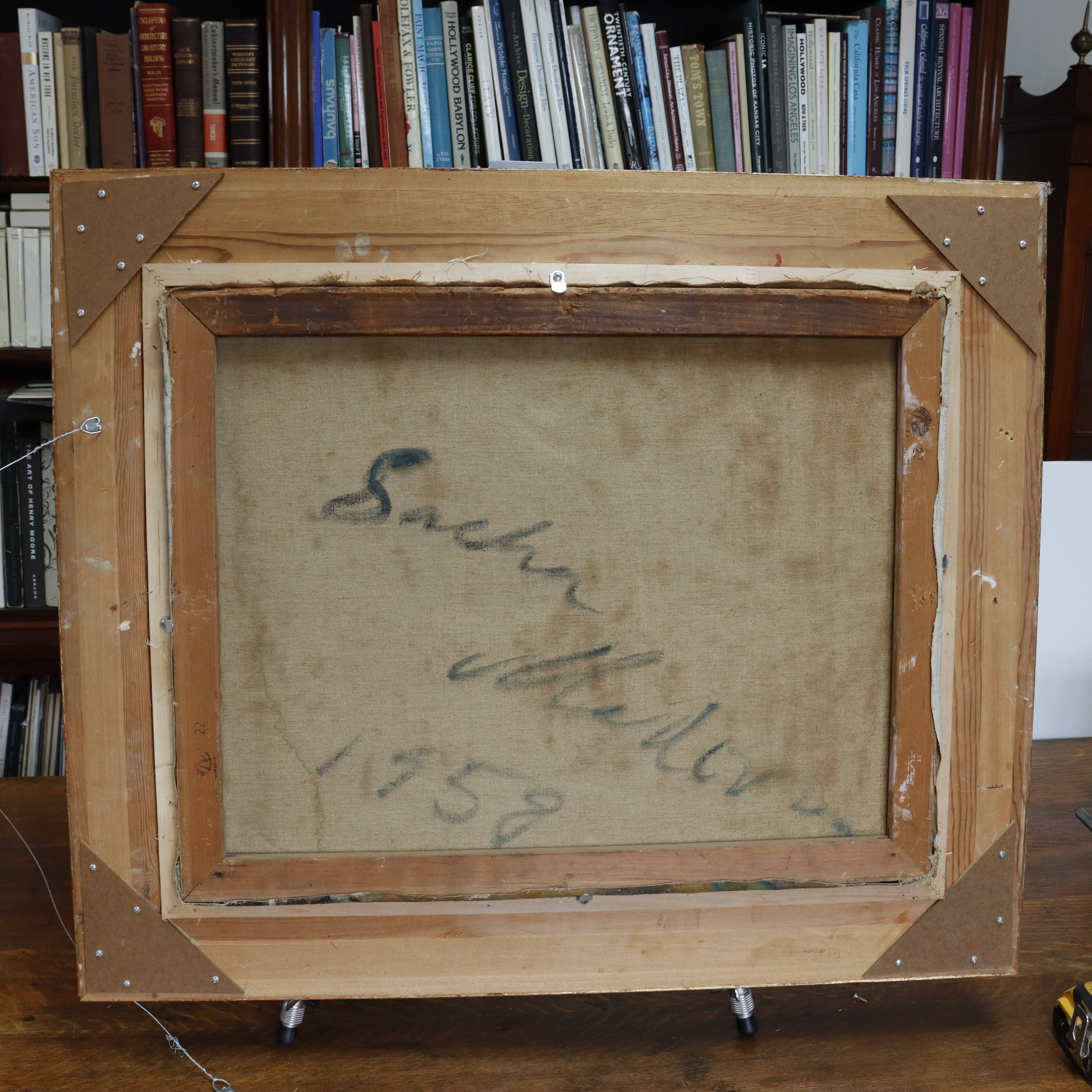 AW342: Sacha Moldovan Modernist Village Scene Oil on Canvas Painting Circa 1958