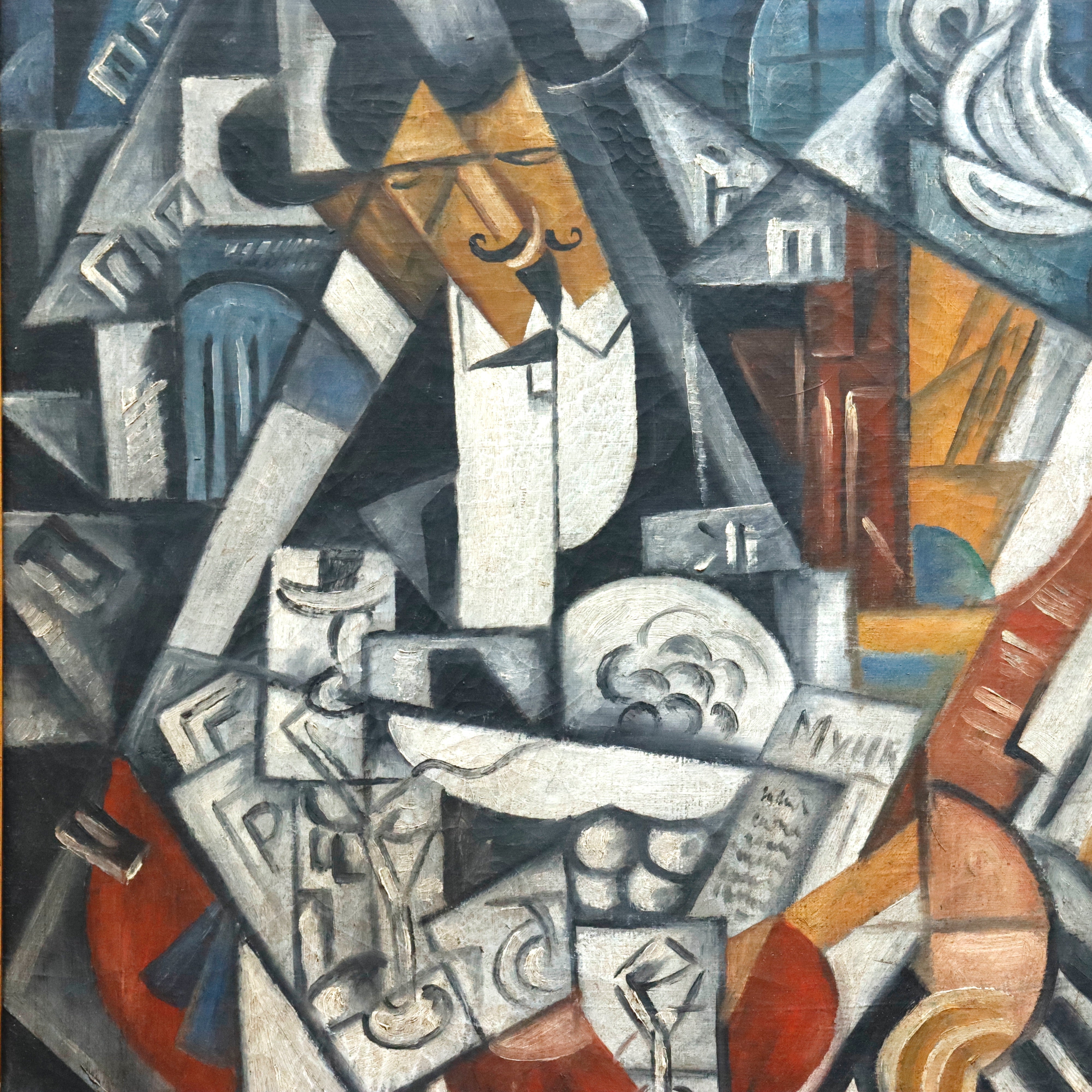 AW973: Lyubov Papova (Attributed) Maître D'Hôtel Avant Garde Cubist Oil on Canvas Circa 1919