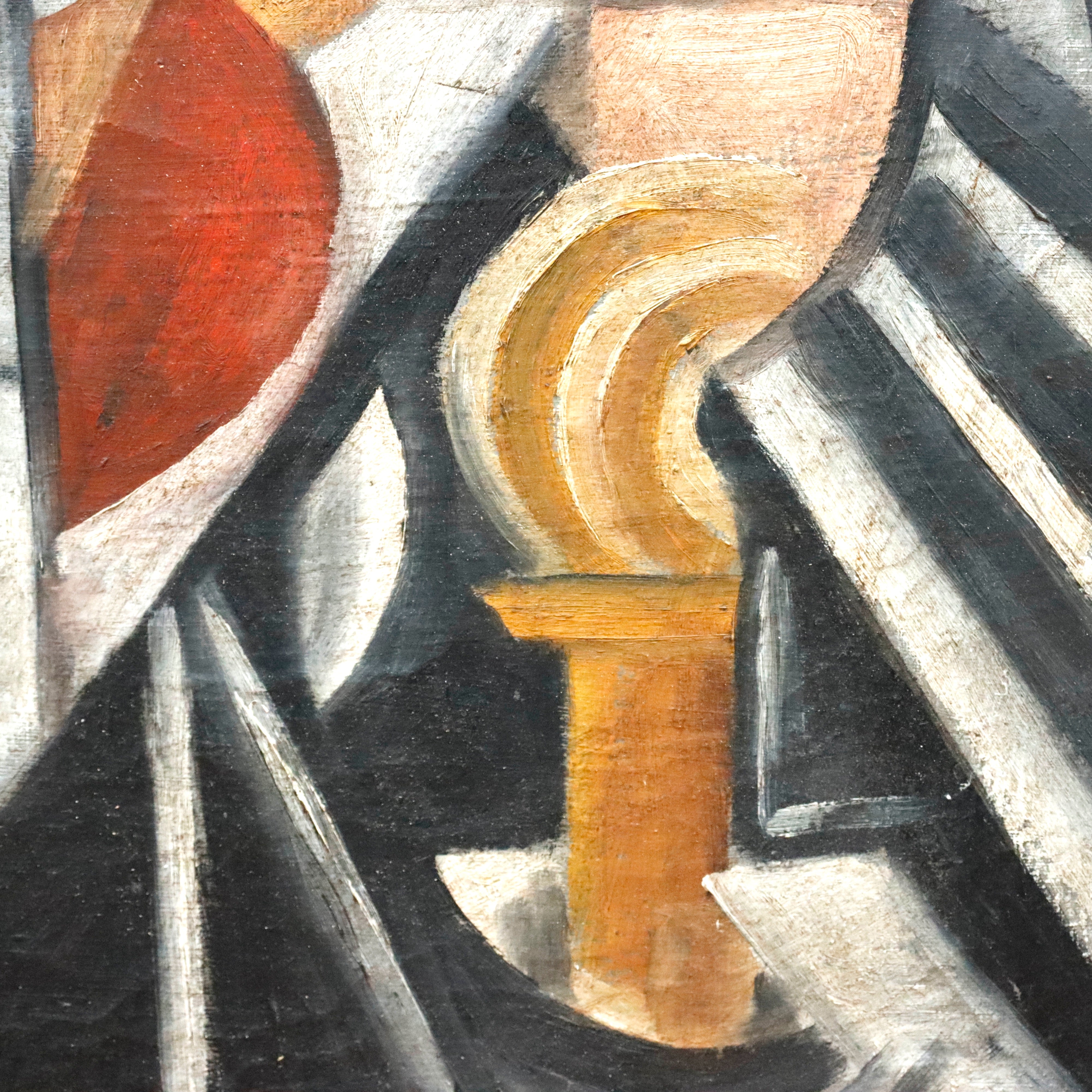 AW973: Lyubov Papova (Attributed) Maître D'Hôtel Avant Garde Cubist Oil on Canvas Circa 1919
