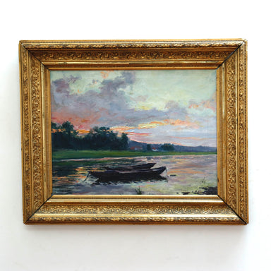 Antique French Lakeside Landscape Oil on Canvas Painting | Work of Man