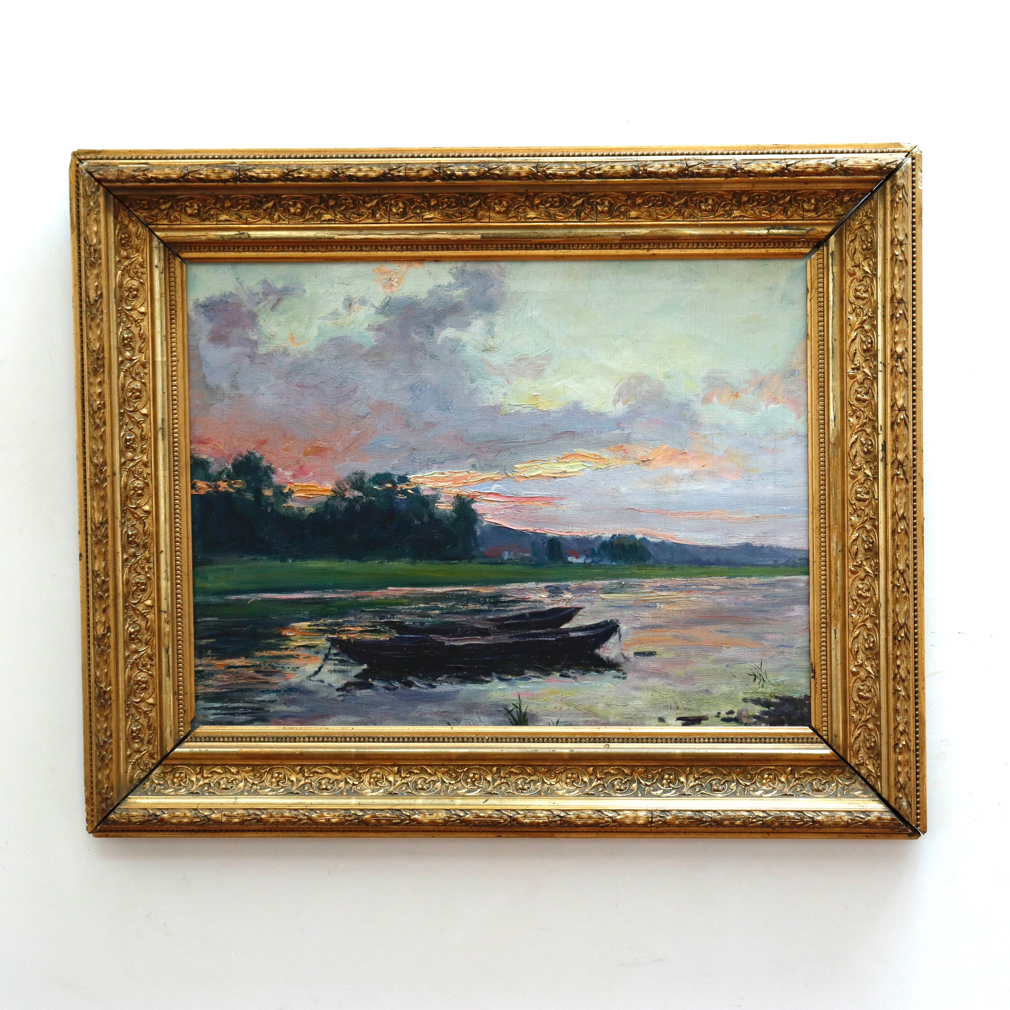 Antique French Lakeside Landscape Oil on Canvas Painting | Work of Man