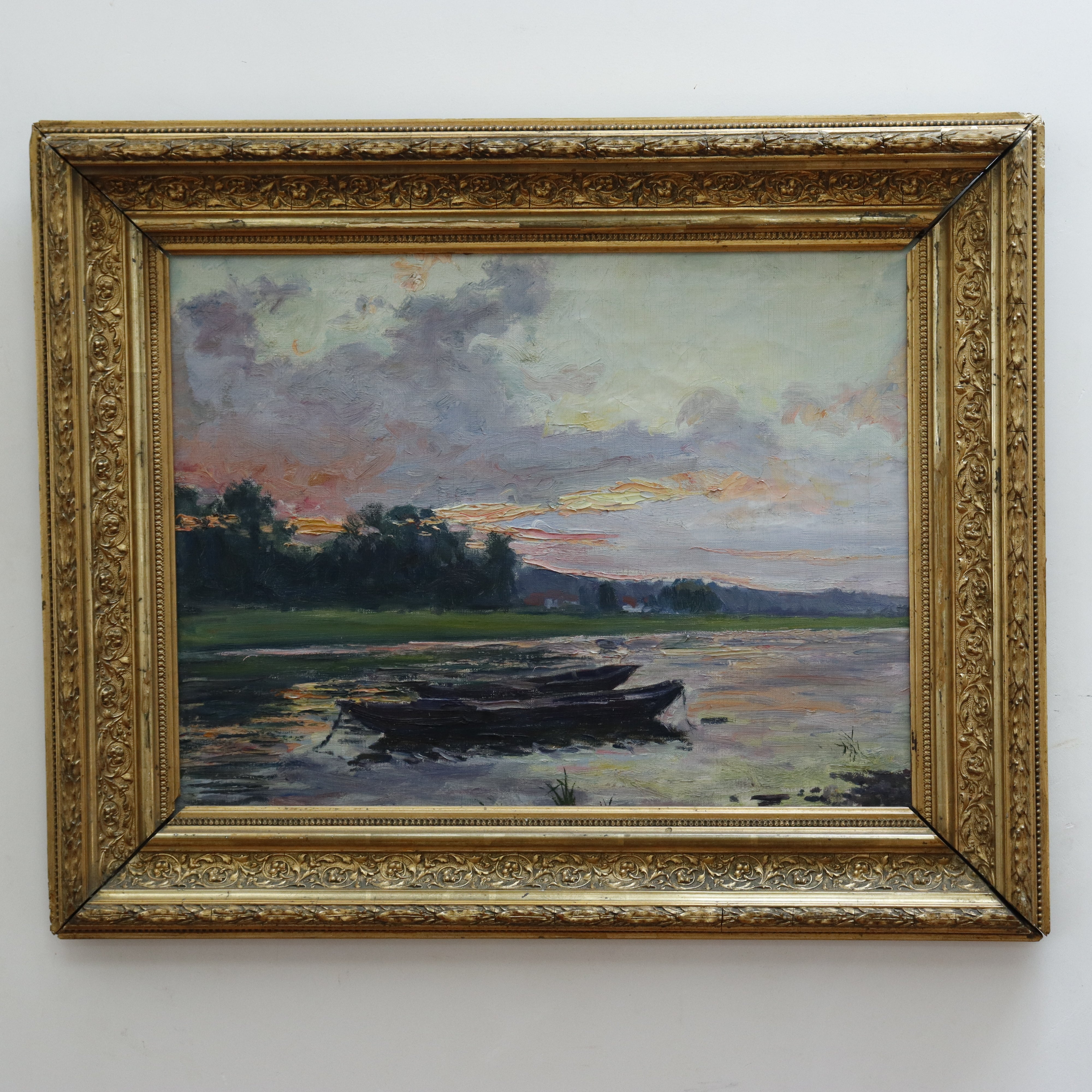 AW977: Antique French Impressionist Lakeside Landscape Oil on Canvas Painting Late 19th Century