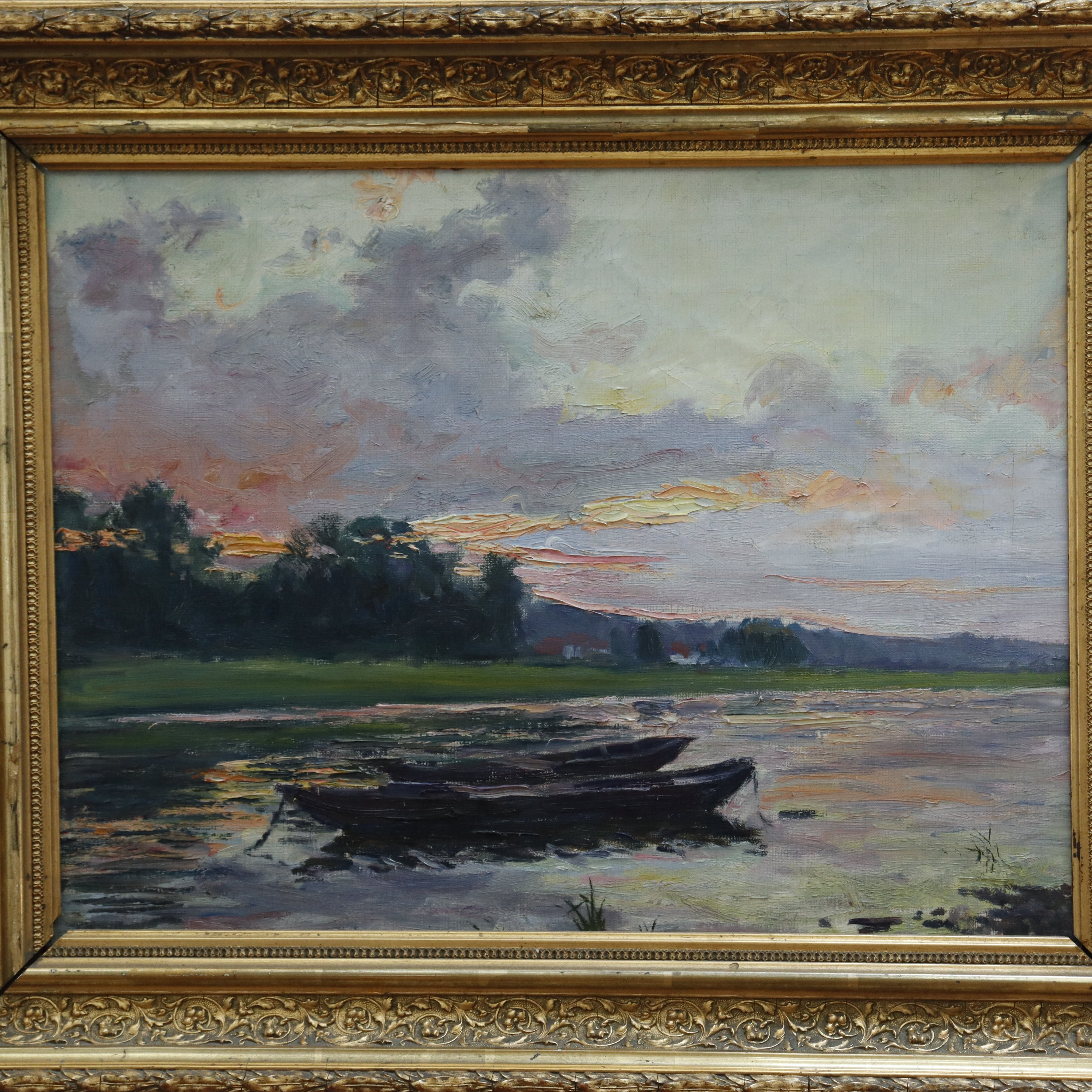 AW977: Antique French Impressionist Lakeside Landscape Oil on Canvas Painting Late 19th Century