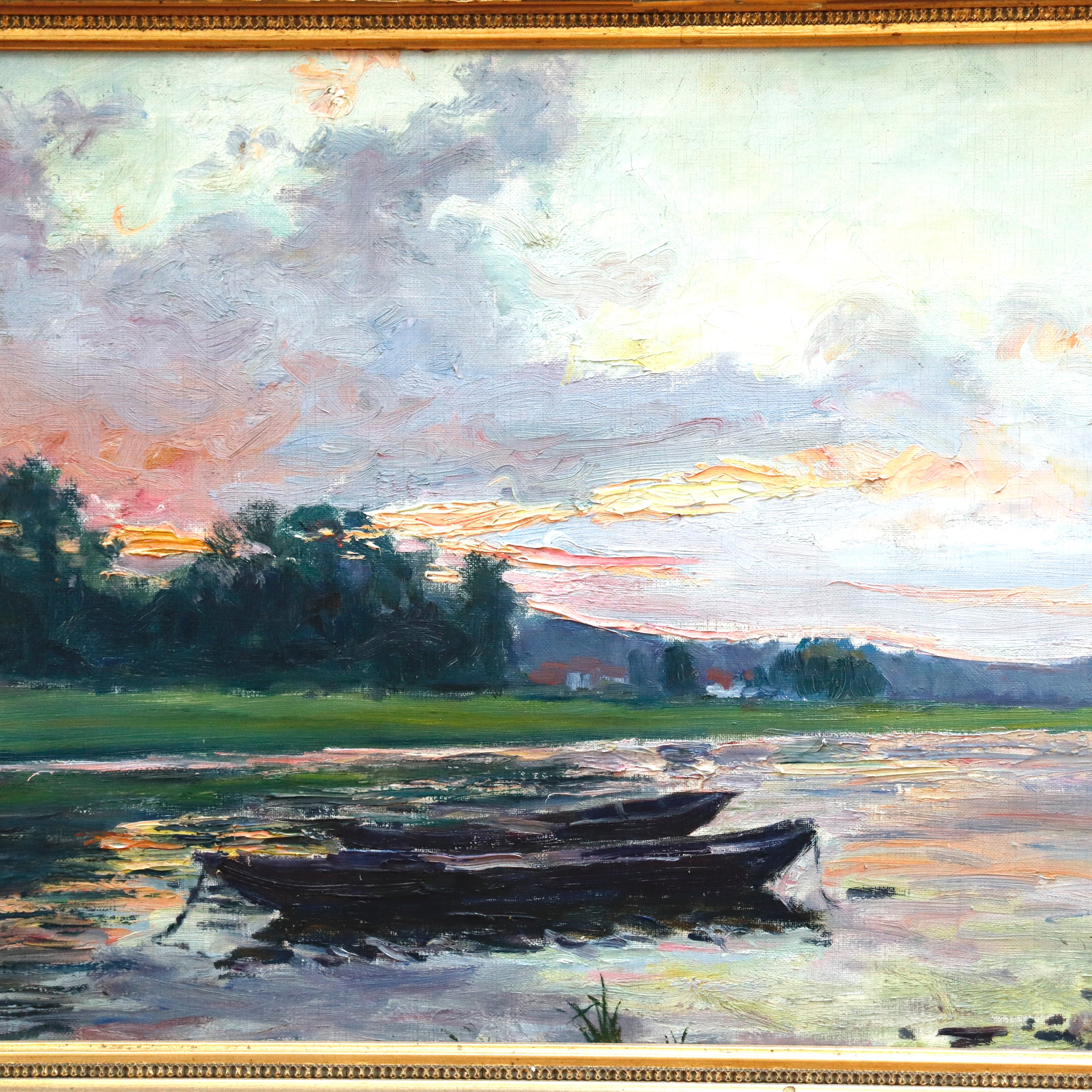 AW977: Antique French Impressionist Lakeside Landscape Oil on Canvas Painting Late 19th Century