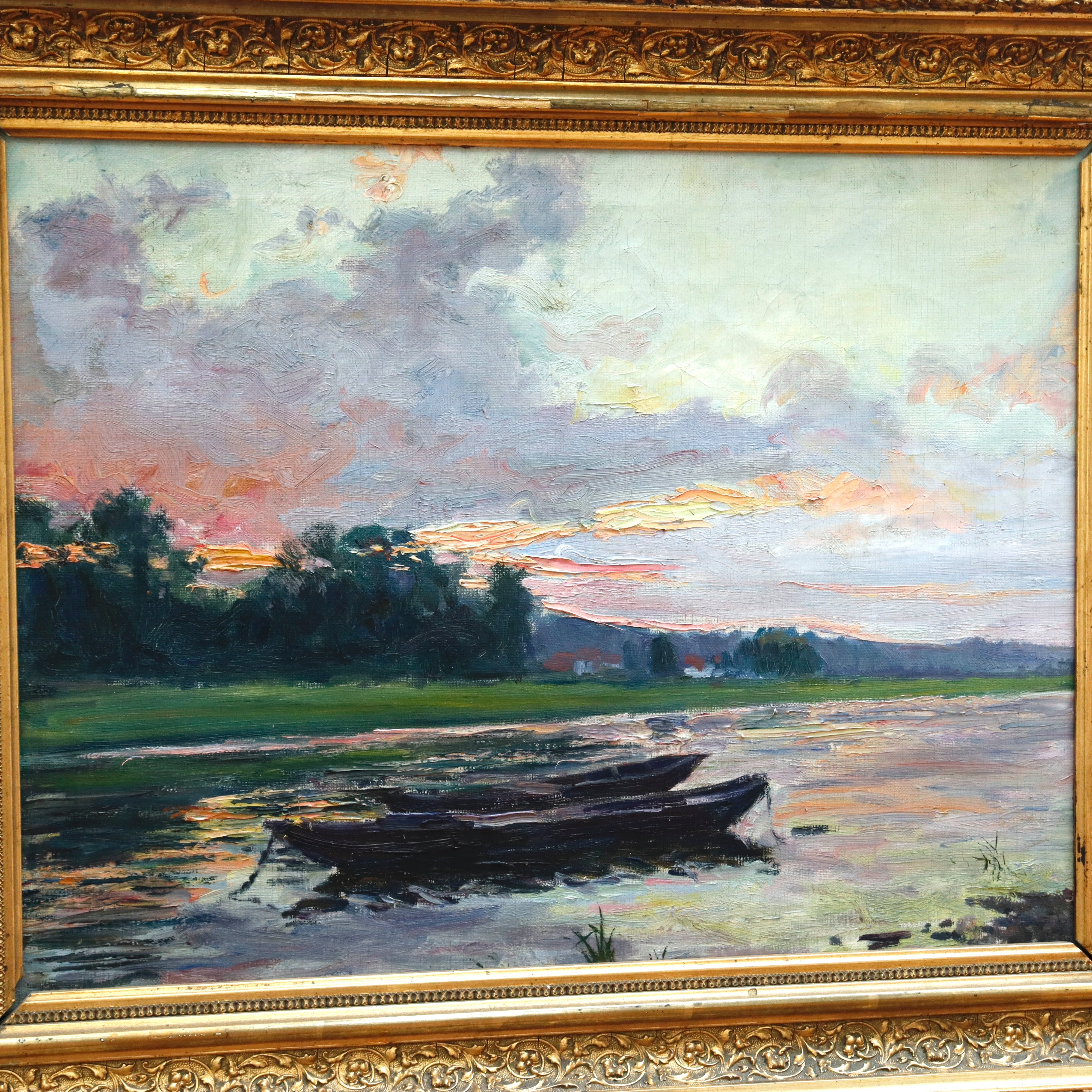 AW977: Antique French Impressionist Lakeside Landscape Oil on Canvas Painting Late 19th Century