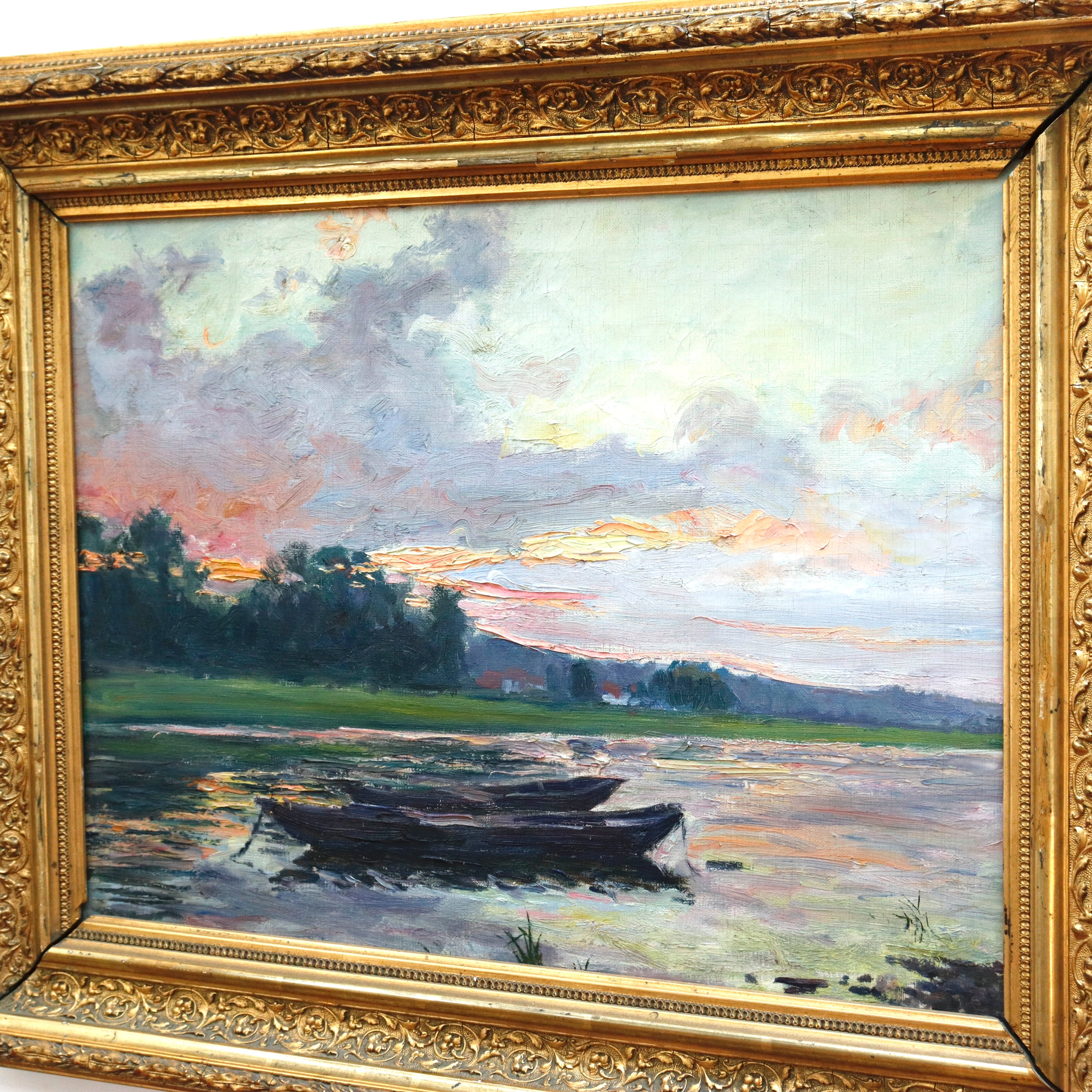 AW977: Antique French Impressionist Lakeside Landscape Oil on Canvas Painting Late 19th Century