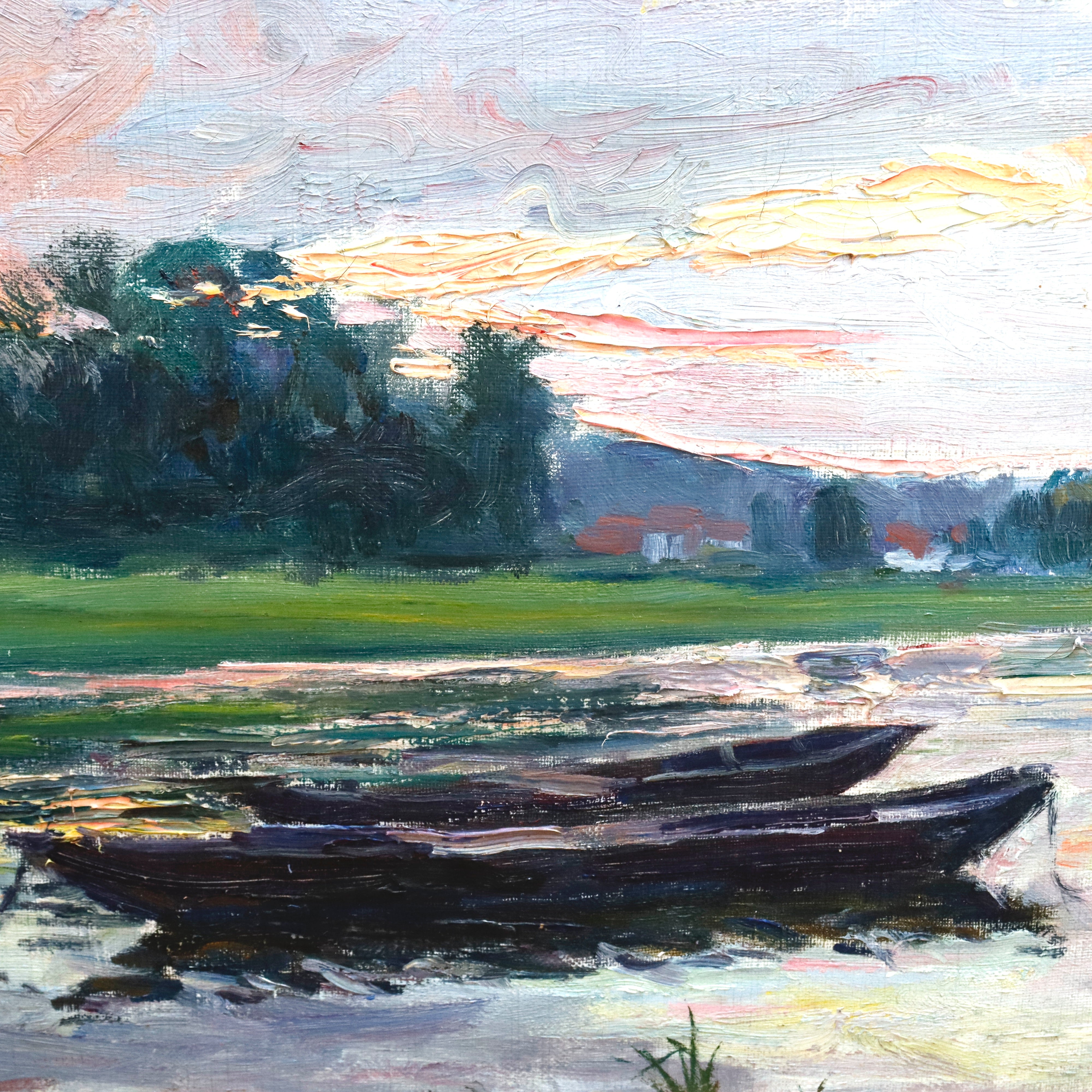 AW977: Antique French Impressionist Lakeside Landscape Oil on Canvas Painting Late 19th Century