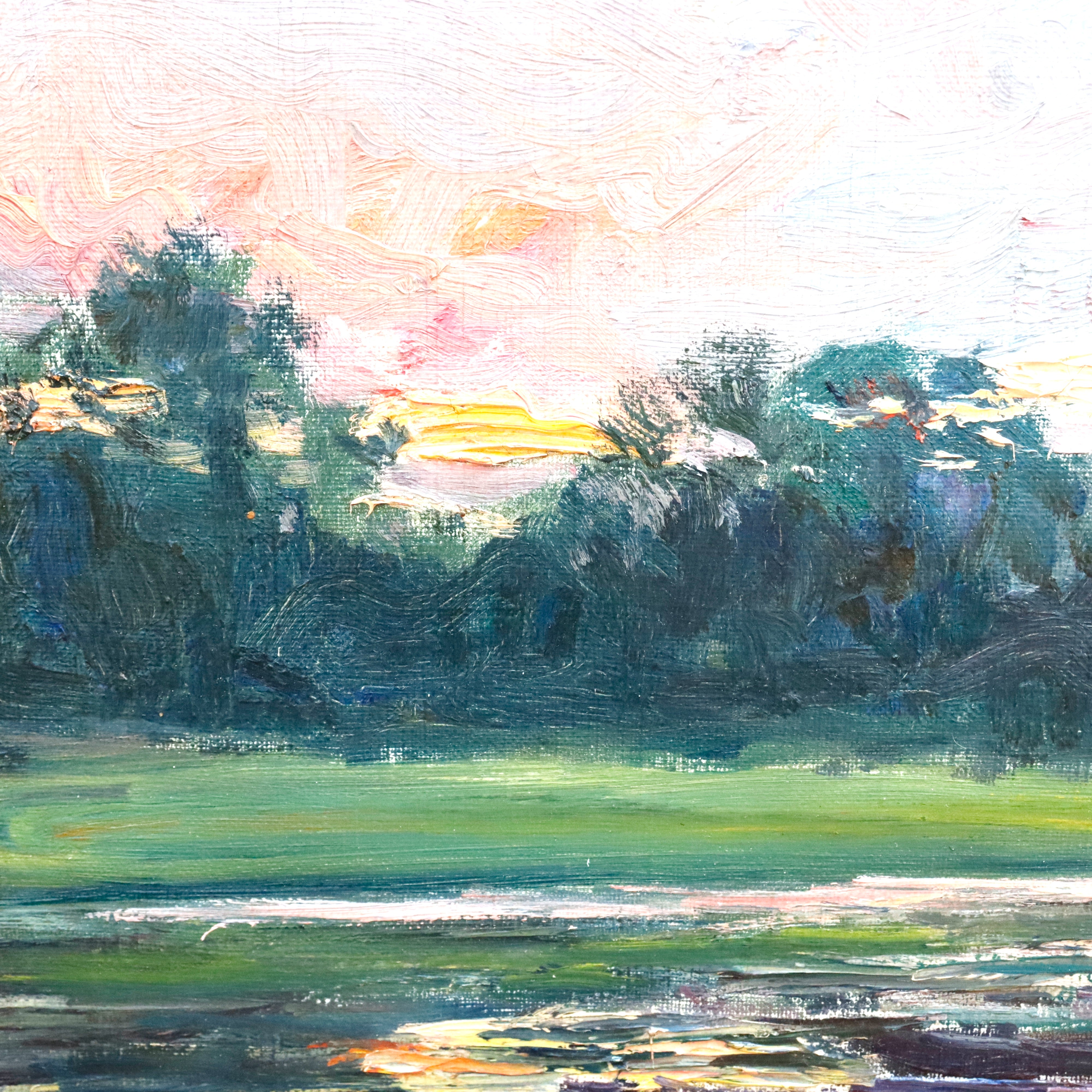 AW977: Antique French Impressionist Lakeside Landscape Oil on Canvas Painting Late 19th Century