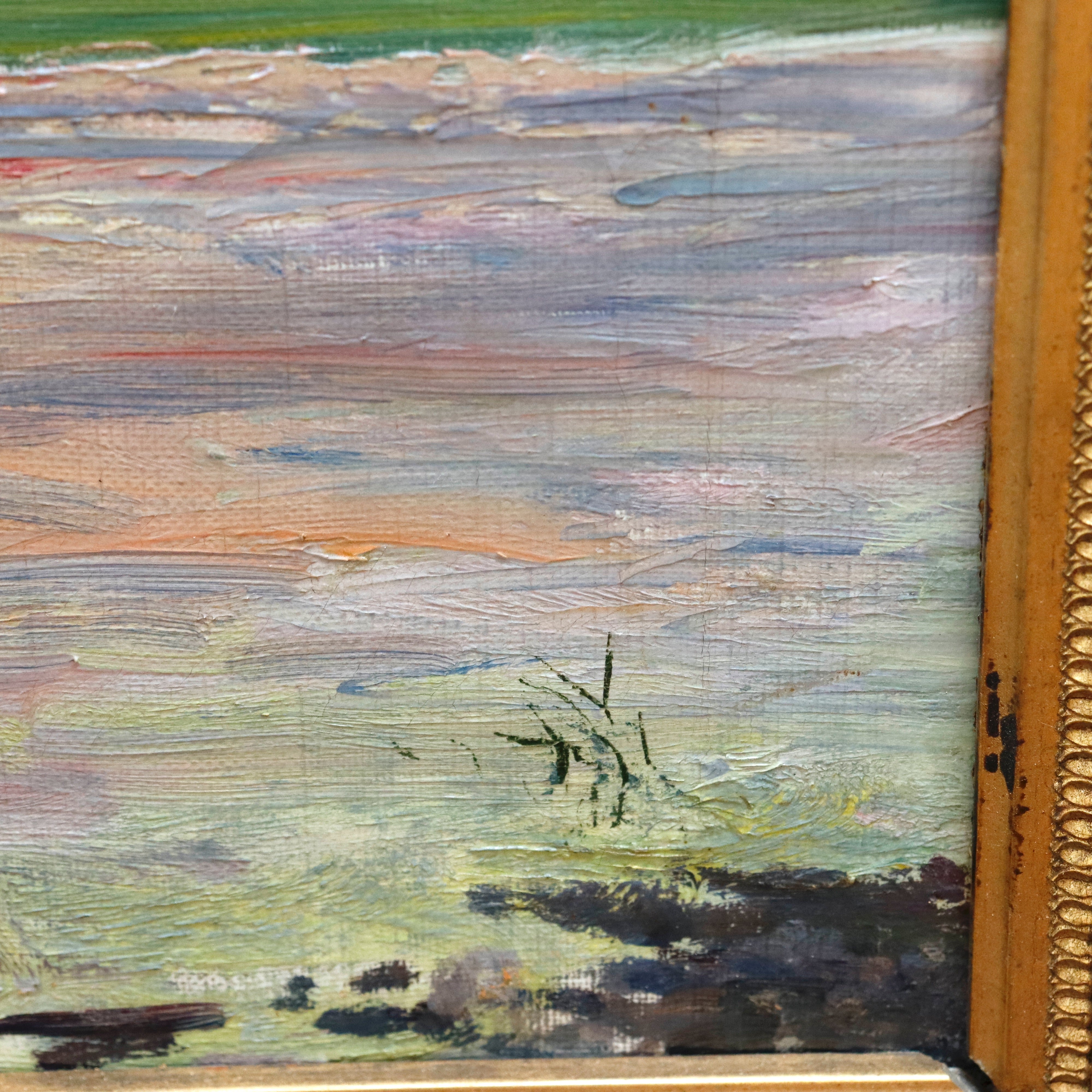 AW977: Antique French Impressionist Lakeside Landscape Oil on Canvas Painting Late 19th Century