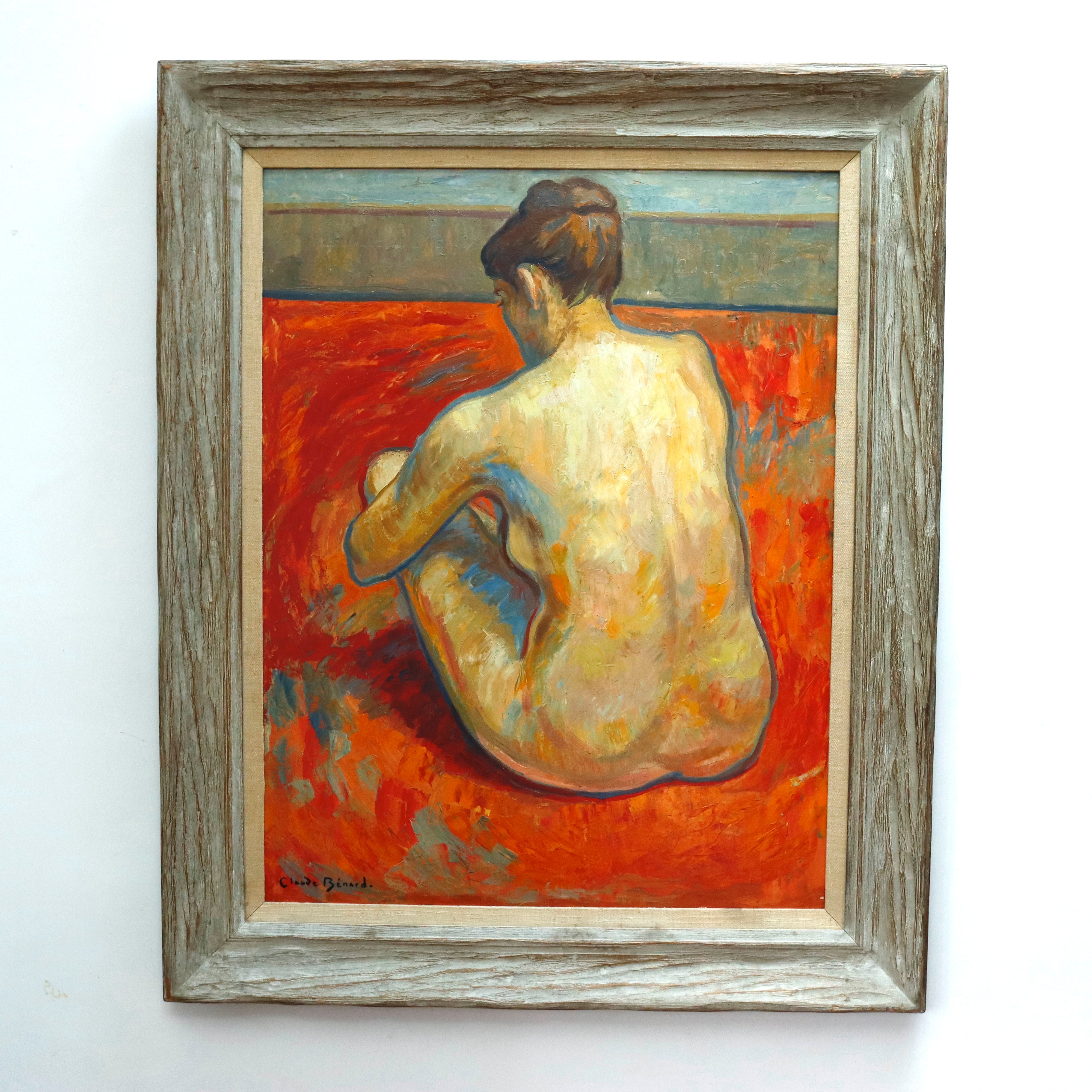 AW978: Claude Benard French Modernist Female Nude Oil on Board Painting Mid Century