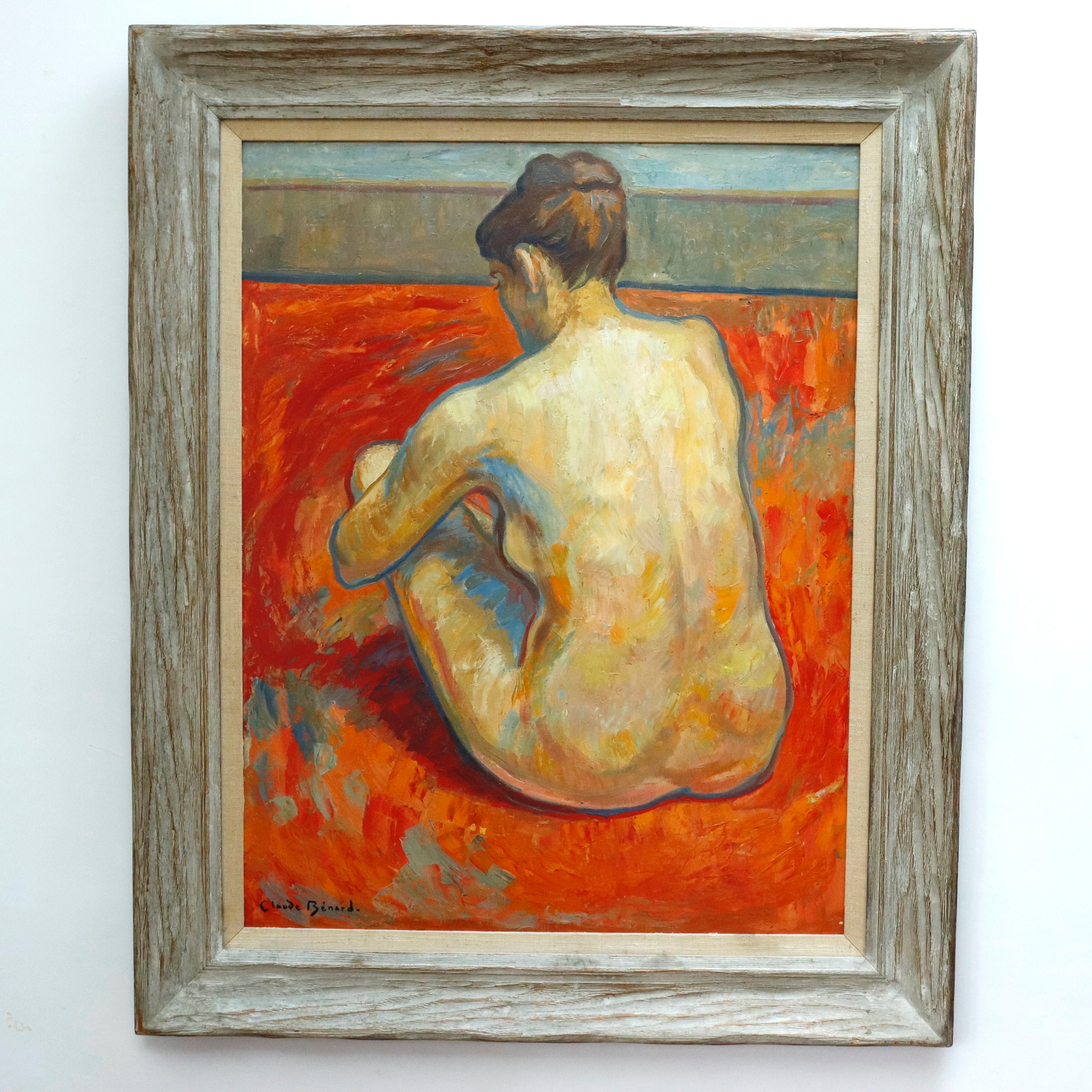 AW978: Claude Benard French Modernist Female Nude Oil on Board Painting Mid Century
