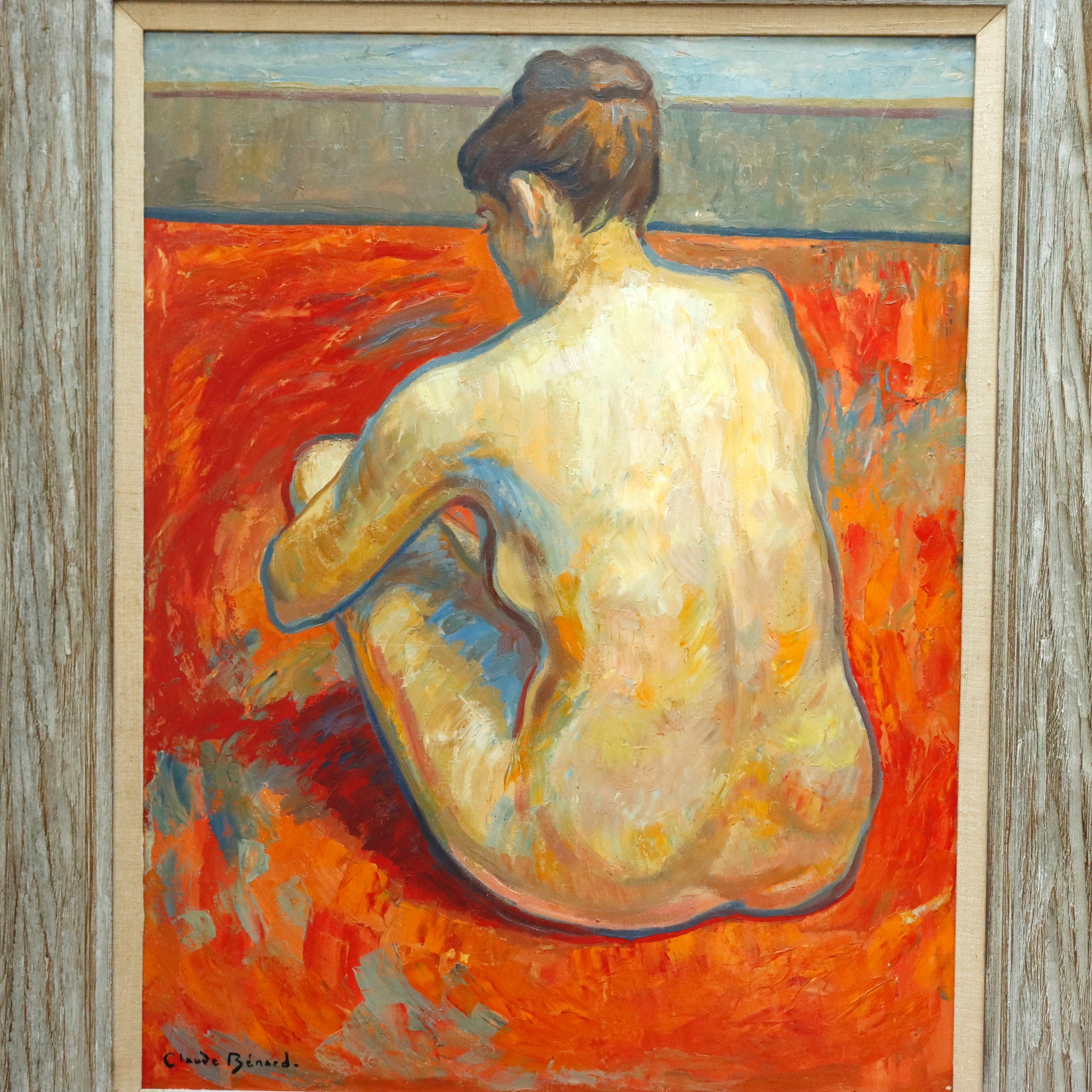AW978: Claude Benard French Modernist Female Nude Oil on Board Painting Mid Century