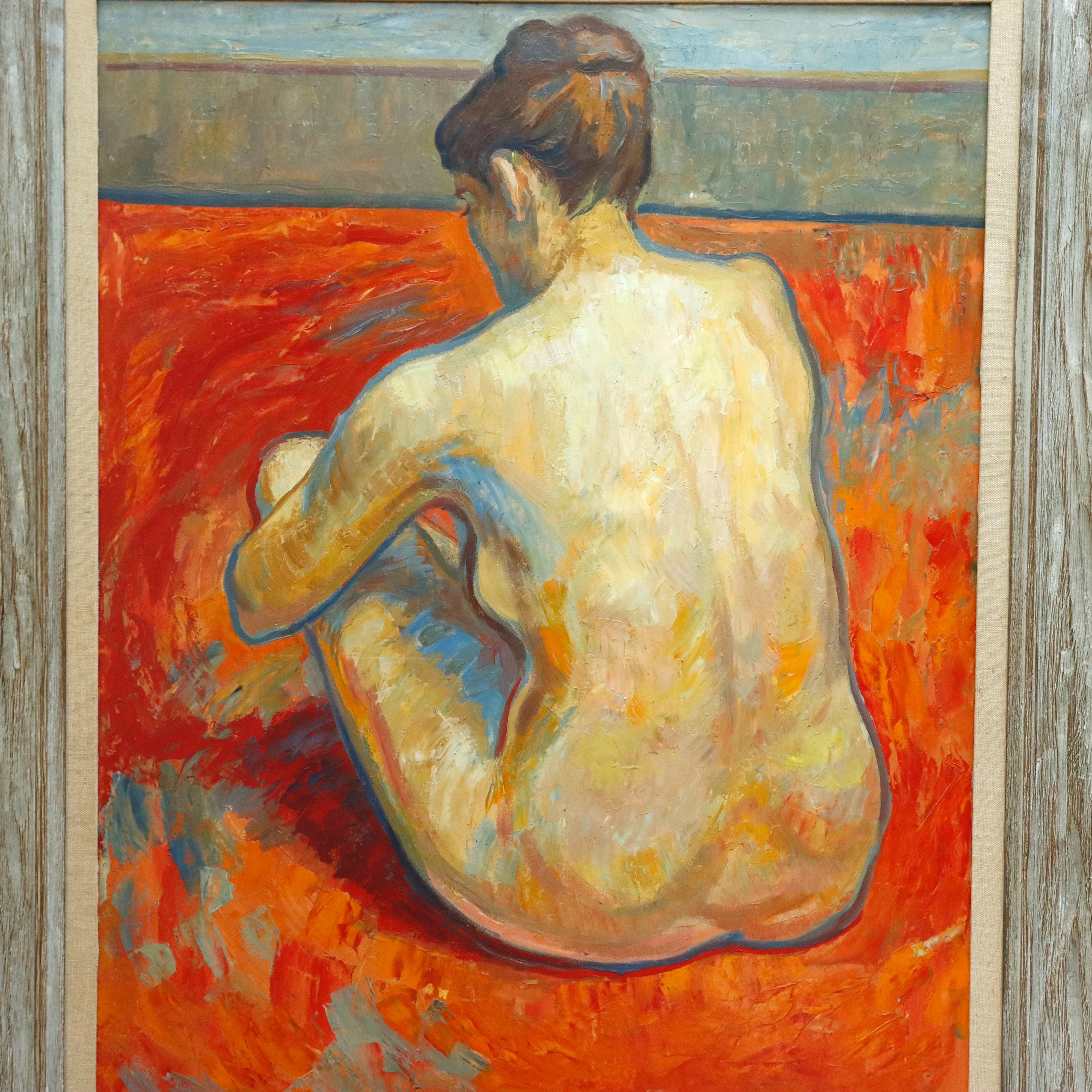 AW978: Claude Benard French Modernist Female Nude Oil on Board Painting Mid Century
